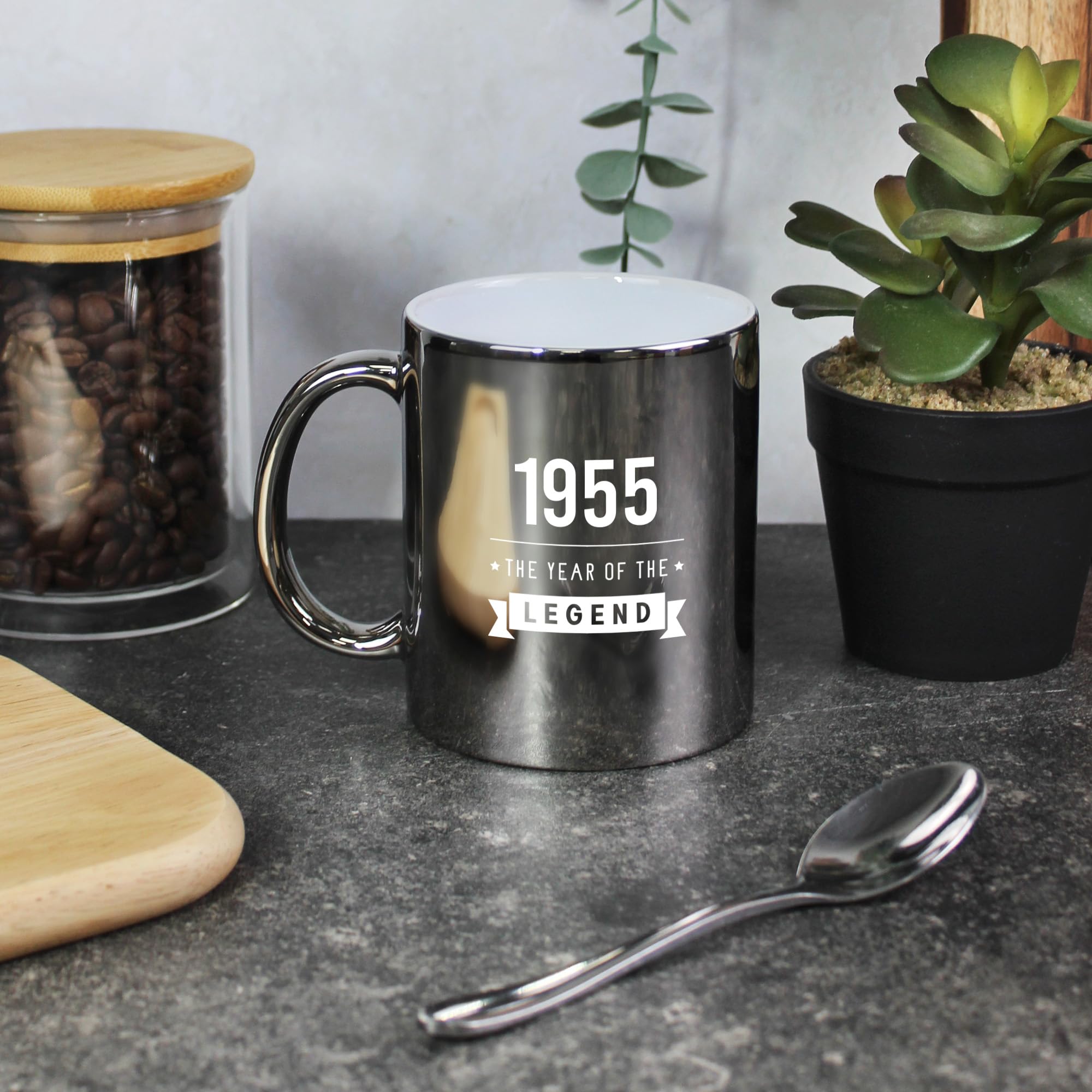 eBuyGB Engraved 1955 Year of The Legend Metallic Silver Coffee Mug, 70th Milestone Birthday Gift for Men, Seventieth Gift for Him, 350 ml