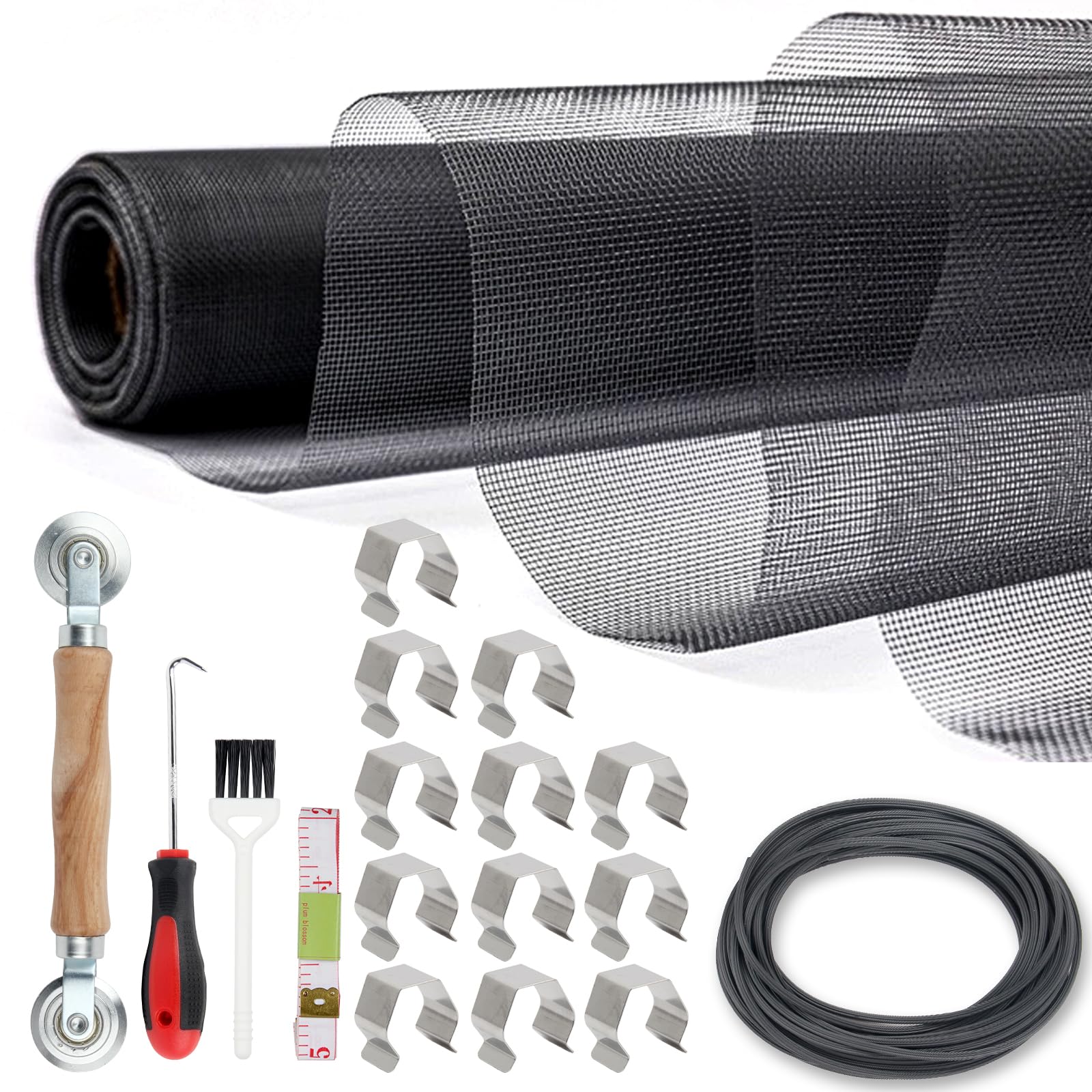 39" × 240" Window Screen Replacement Kit with Repair Tool Set,Fiberglass Window Screen Mesh with Rolling Tool Hook Ruler Cutter Spline for Patio Porch Door Windows