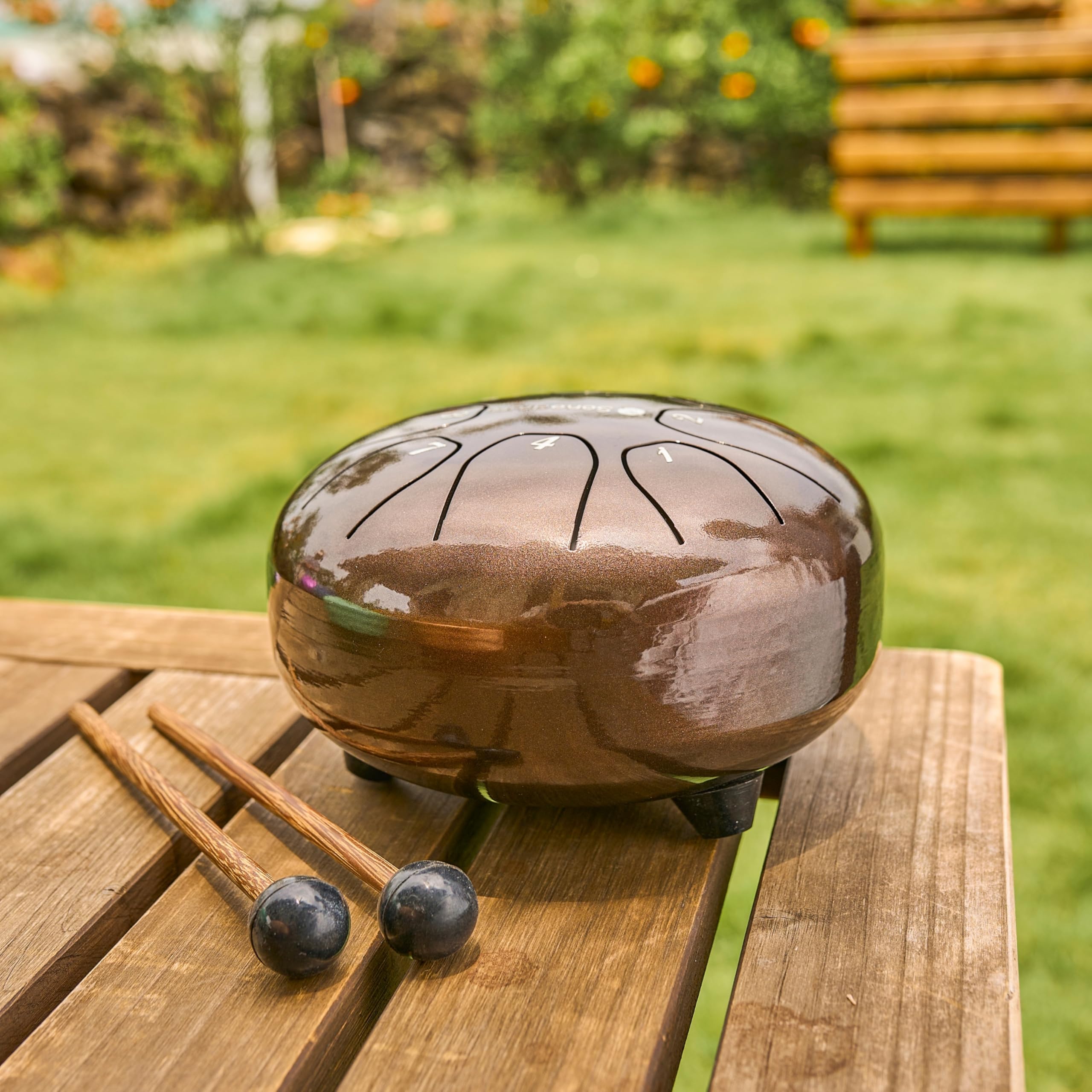 Zungentrommel "Standard" C - Dur in Bronze - 14 cm klein mit 8 Tönen - Steel Tongue Drum inkl. Liederbuch, Schlägel, Fingersticks und Tragetasche - Notenlesen nicht nötig, einfach zu spielen.