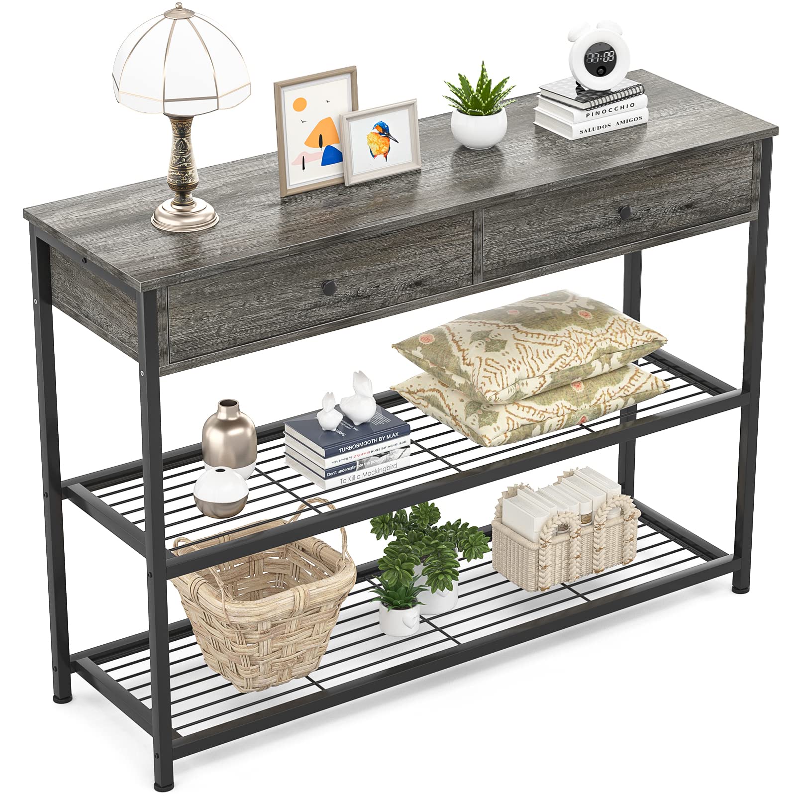 Ecoprsio Console Table with Drawers, Gray Sofa Table Entryway Table Narrow Long with Storage Shelves for Entryway, Front Hall, Hallway, Sofa, Couch, Living Room, Bar, Kitchen, 40 Inch, Grey