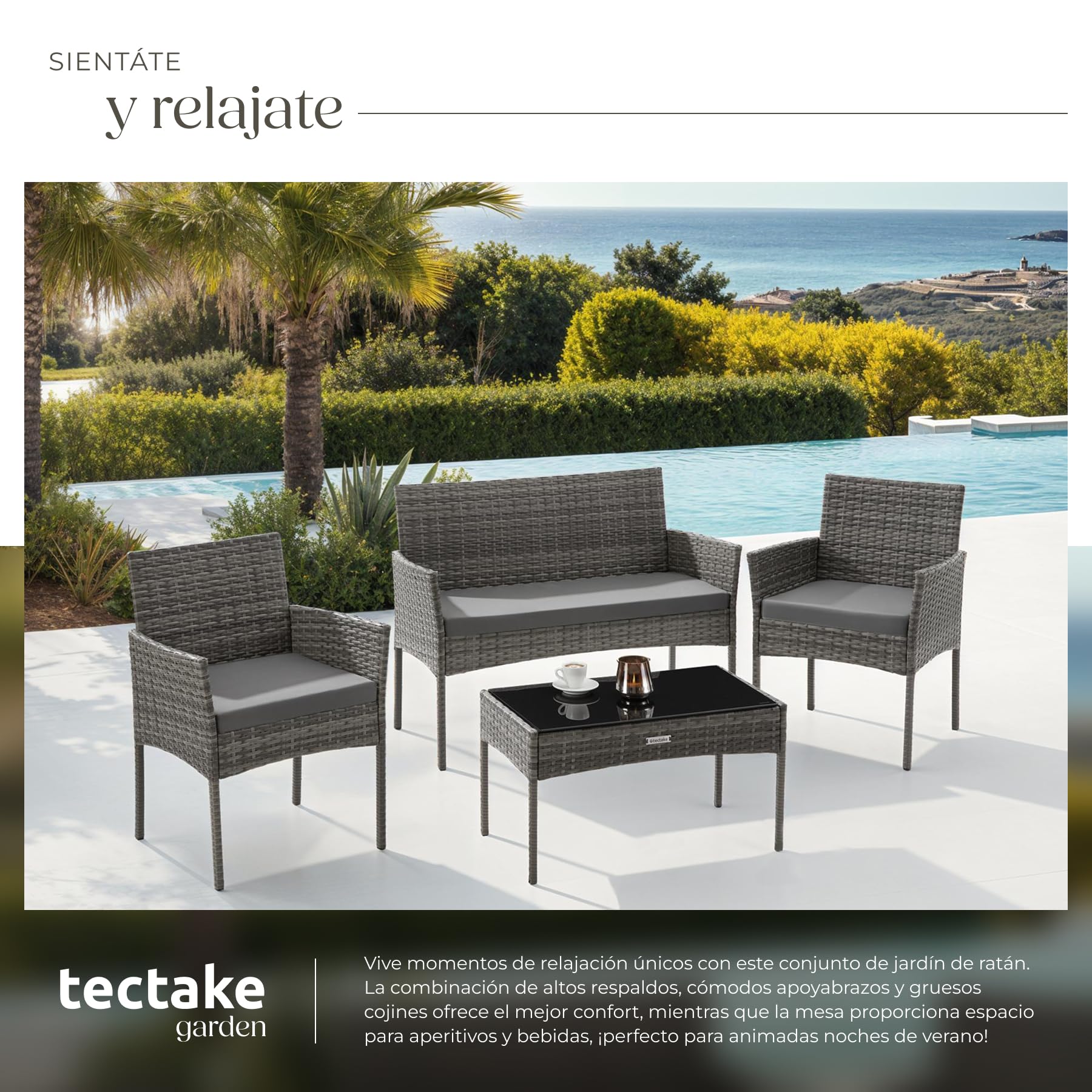 tectake® Conjunto Jardin Exterior de Ratán, Muebles Jardin Exterior para 4 Personas, Muebles Terraza con Mesa de Vidrio, Sofa Exterior y Sillas con Cojines Lavables, Sillon Cómodo - Gris