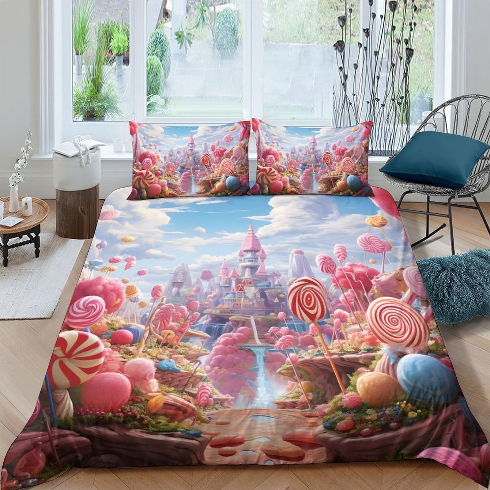 Ctjqhvkz Style-3 3D Printed Candy Wonderland Fitted Sheet Microfiber Soft Anti-Slip Lollipop Castle Bed Cover For Bedroom Guest Room Decor Single（135X200cm）