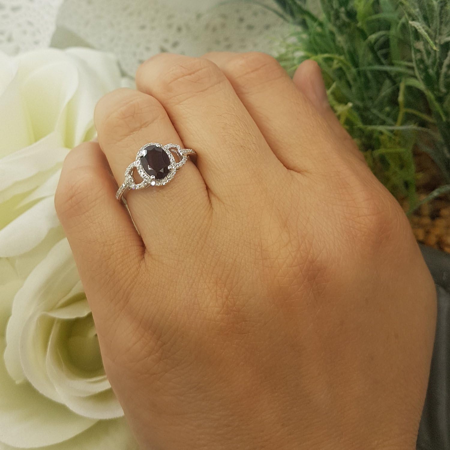 Dazzlingrock Collection 8x6mm Oval Garnet & Round White Diamond Halo Engagement Ring for Her in 14K Solid Gold