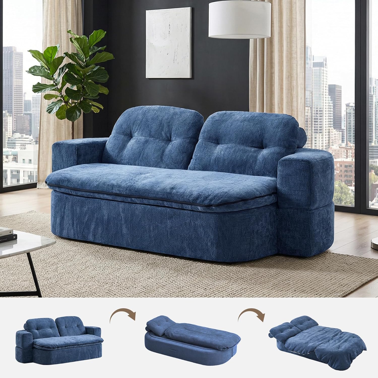 78" Convertible Floor Sofa Bed with Integrated Quilt, Boneless Foldable Sleeper Couch for Adults, All-in-one Guest Bed for Small Spaces, Washable, Blue