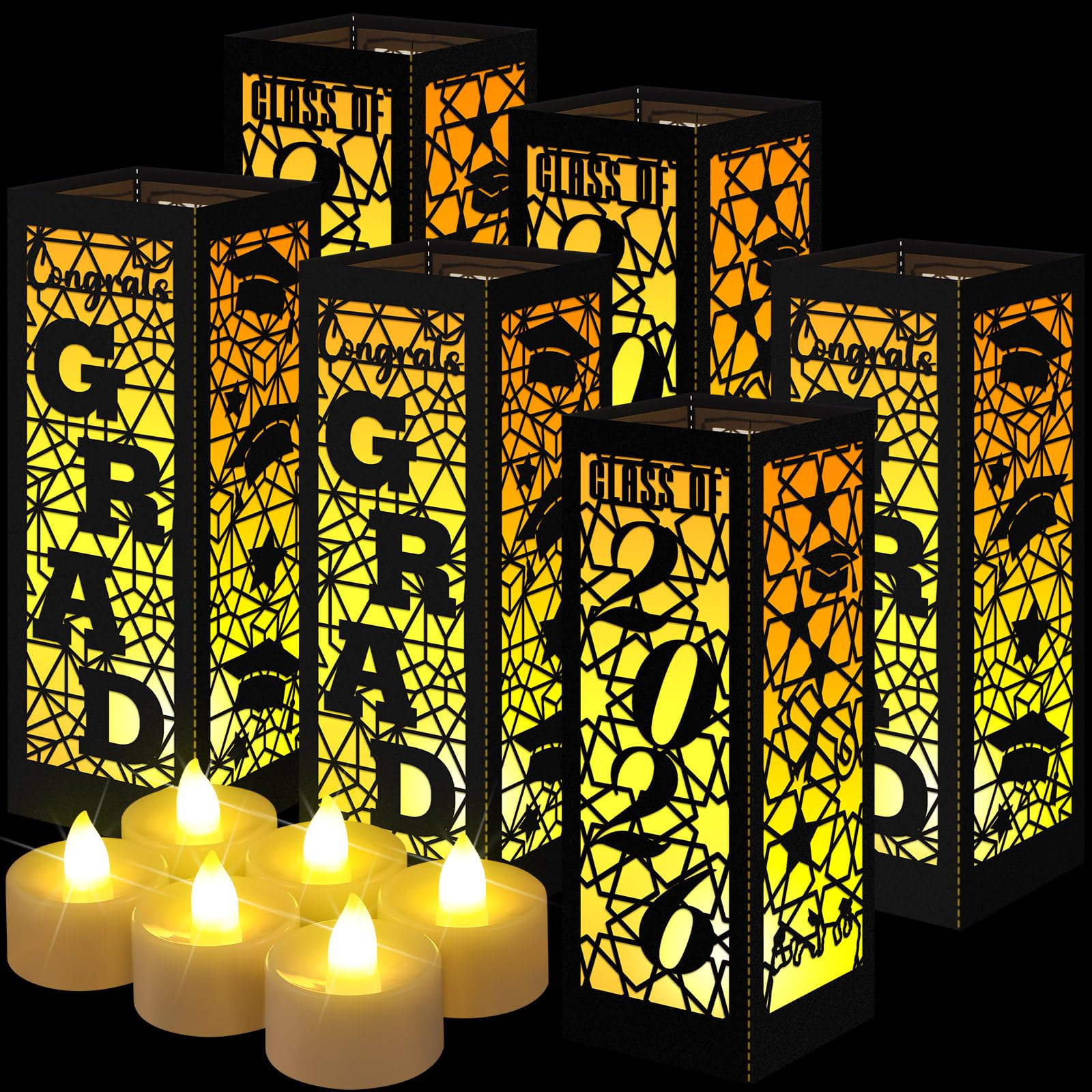 Photo 1 of Rossesay 12 Pcs Graduation Table Centerpieces Boxes Class of 2026 Graduation Lanterns for Centerpieces with LED Candles Congrats Grad School College Photo Props for Party Table Decoration (Black)