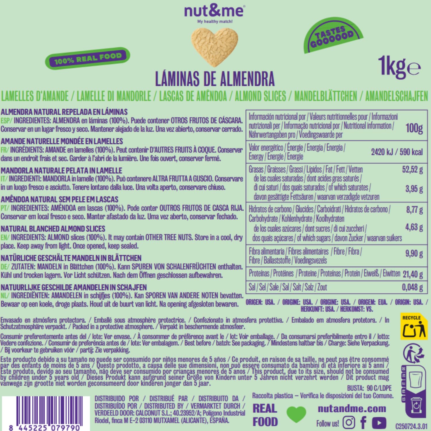 Almendra laminada 1 kg nut&me | Láminas de almendra pelada | Almendras crudas | Sin aditivos ni conservantes | Fuentes de proteínas | Sin sal | Roscon de reyes |