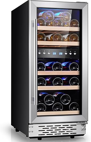 Phiestina - Refrigerador de vino integrado de 15 pulgadas, 29 botellas de dos zonas con función de memoria, descongelación automática y estantes
