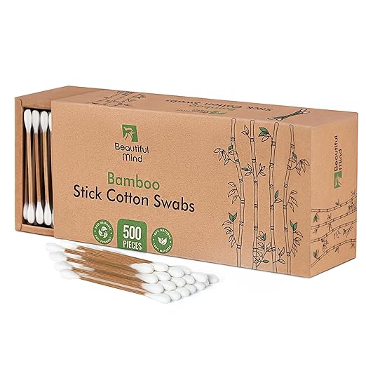 Natural Bamboo Cotton Swabs for Ears – 500 Pack – Qtips with Carbonized Bamboo for Durability – Eco-Friendly, Biodegradable & Vegan – 100% Organic Cotton Ear Swabs for Makeup (Drawer Box)