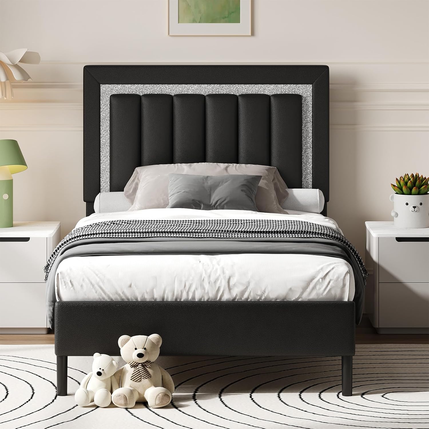 HOMBCK Full Bed Frame with Diamond Headboard, Black Upholstered Bed Frame Full Size with Wooden Slats Support, Diamond Vertical Stripe Design, Mattress Foundation, No Box Spring Needed, Black