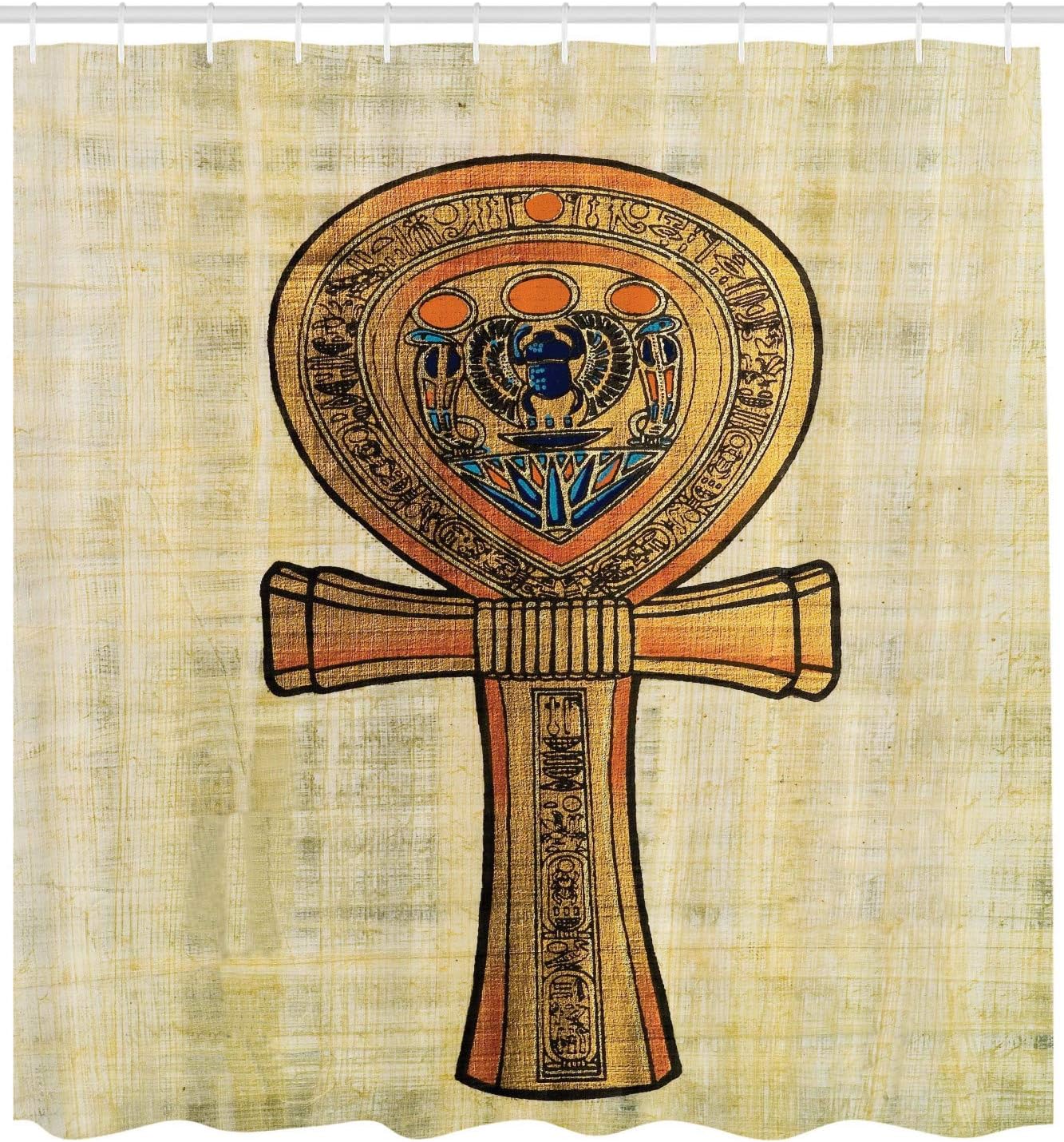 Ambesonne Egyptian Print Shower Curtain, Papyrus Presenting The Key of Life Traditional Empire Egyptian, Cloth Fabric Bathroom Decor Set with Hooks, 69" W x 75" L, Cream Orange