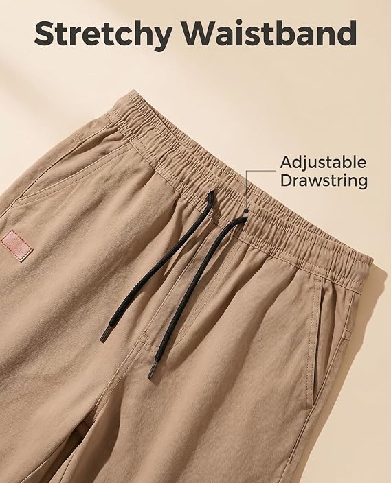 Poplee Men's Casual Shorts Cotton Stretch Chino Twill Drawstring 7 Pockets