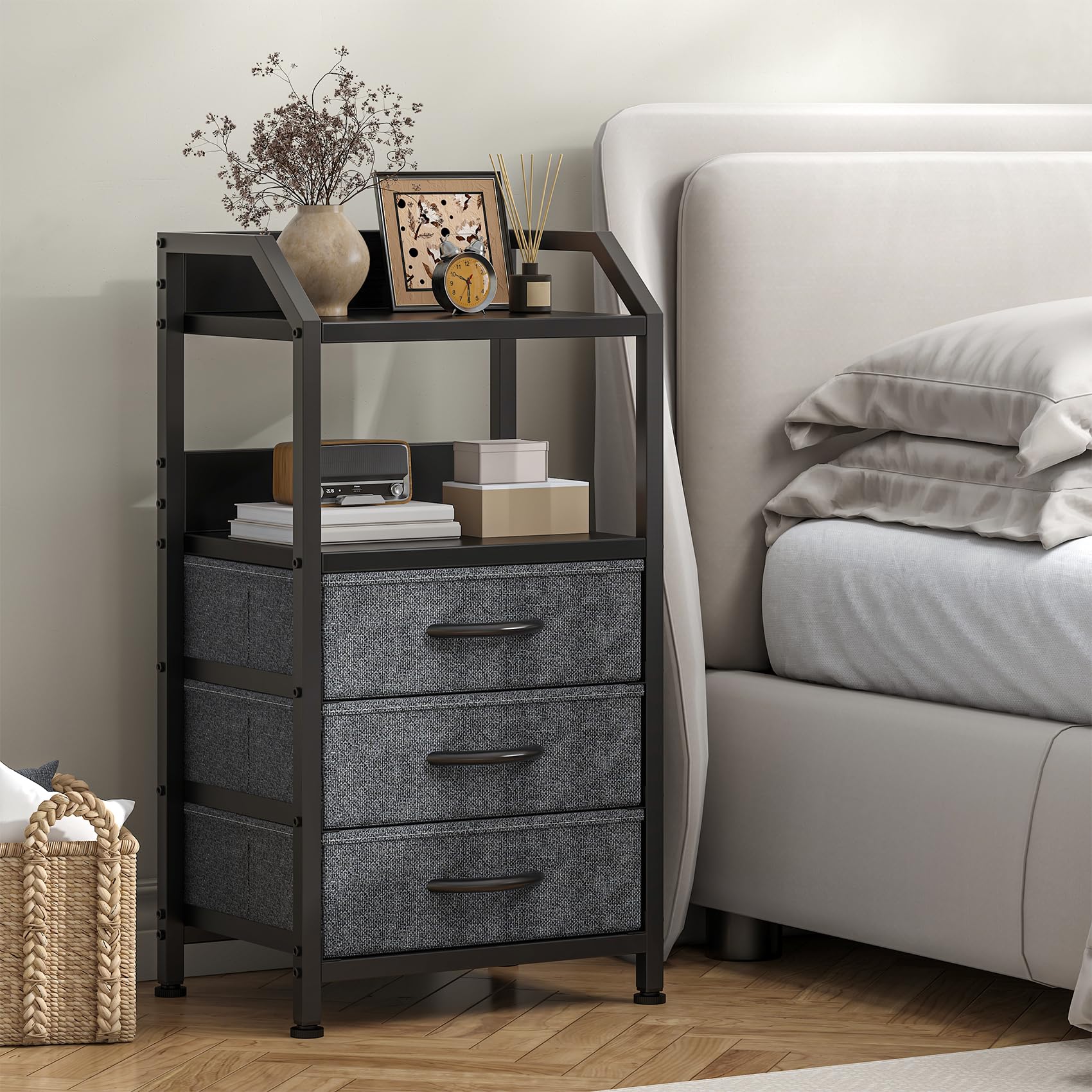 Feonase Bedside Table with 3 Fabric Drawers and Open Shelf, Nightstand for Bedroom, Living Room, Small Spaces – Metal Frame & Wooden Top, Compact Sofa End Table with Storage for Home Décor, Deep Grey