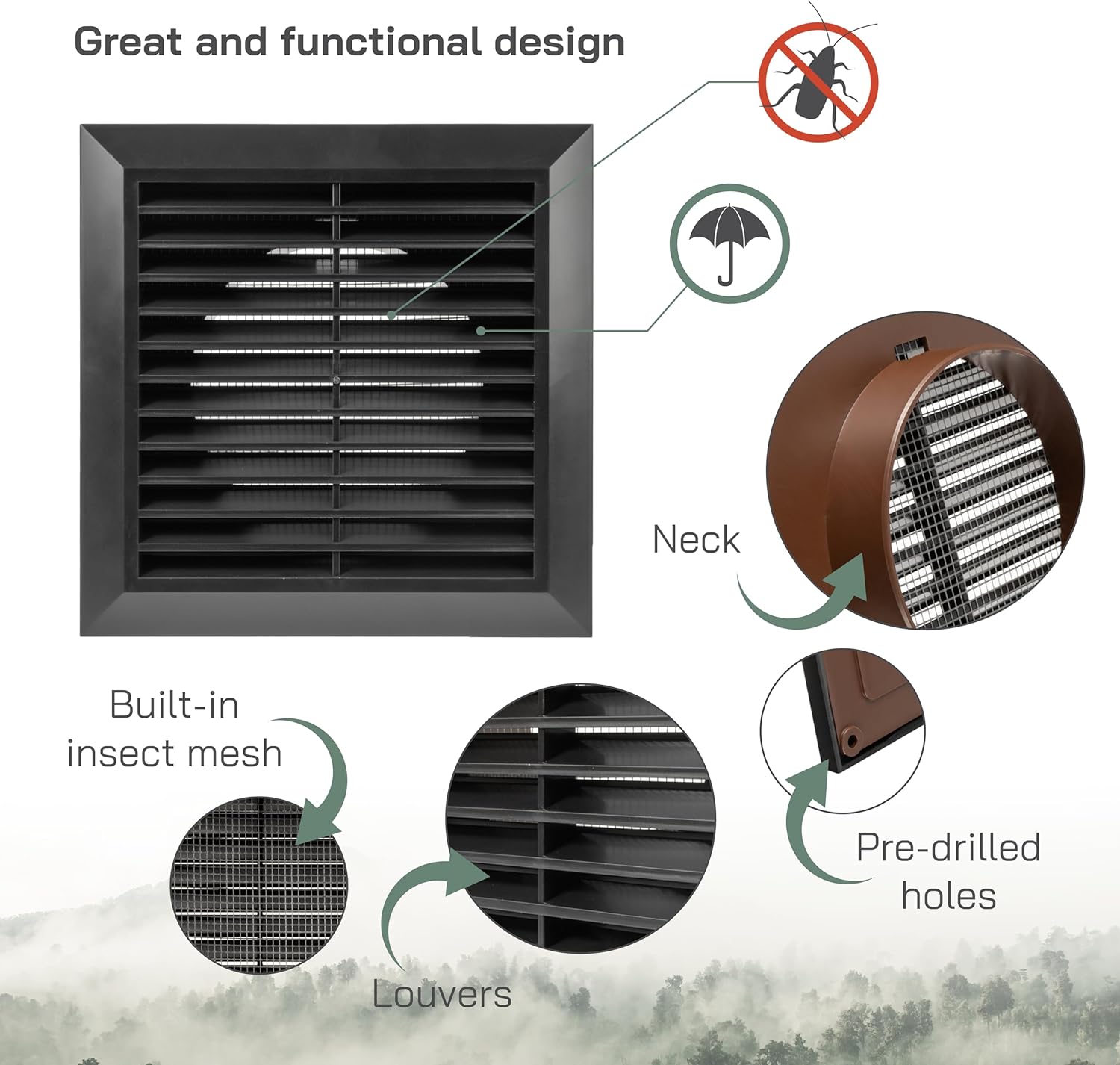 Vent Systems 4" Inch Black Vent Cover – Durable Plastic Soffit Vent Cover with Mounting Neck and Mesh Screen – Weather-Resistant HVAC Louvered Vent Cover for Bathroom, Kitchen, Garage Ventilation