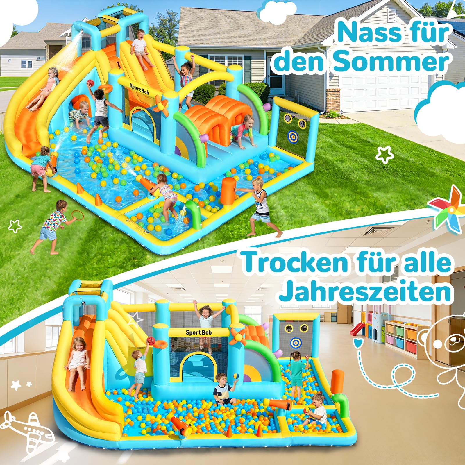 Hüpfburg mit Gebläse,Indoor/Outdoor Hüpfburg mit Rutsche, 2 Tunneln, Planschbecken, Sprungbereich, Basketballkorb für Hinterhof, Park und Familienzusammenkünfte,565x425x210 cm