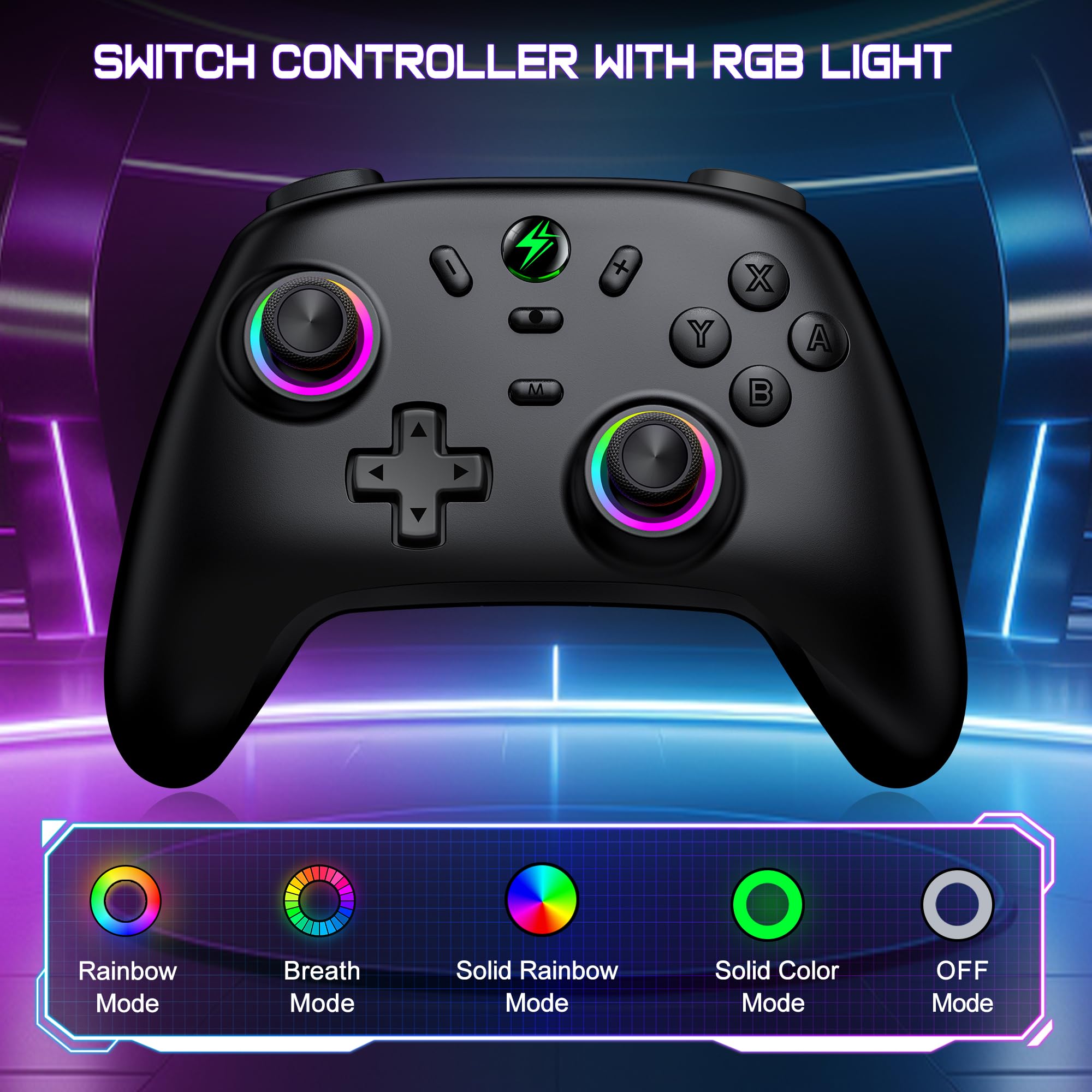 ALEEMTRY Switch Controller Compatible con Switch 2/Switch/Lite/OLED, Wireless Switch Pro Controller con RGB Hall Effect Joysticks/Batería de 1000 mAh/Turbo/Dual Vibration