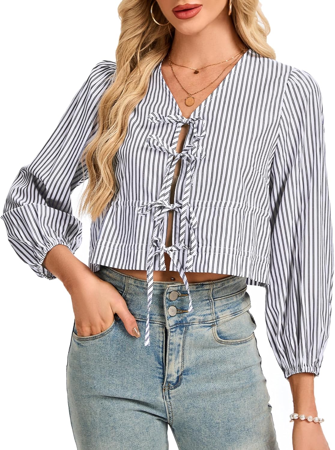 Womens Tops Cute Tie Front Striped Blouses Dressy Casual V Neck Shirts Trendy Long Sleeve Crop Tops