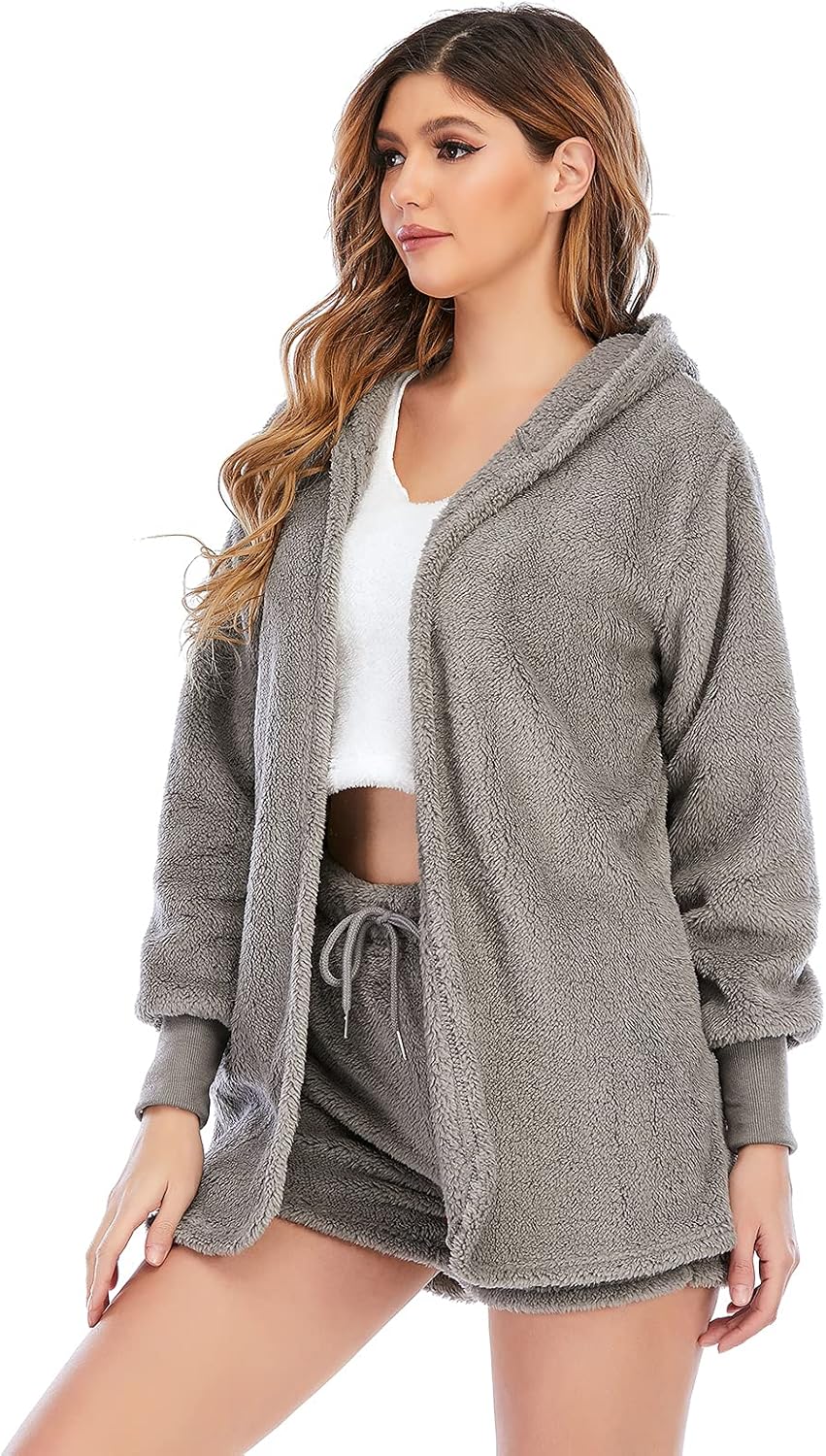 Famnbro Women's Sexy Fuzzy 3 Piece Outfits Fleece Warm Hooded Cardigan Crop Top Shorts Set Pajamas Loungewear - Image 3