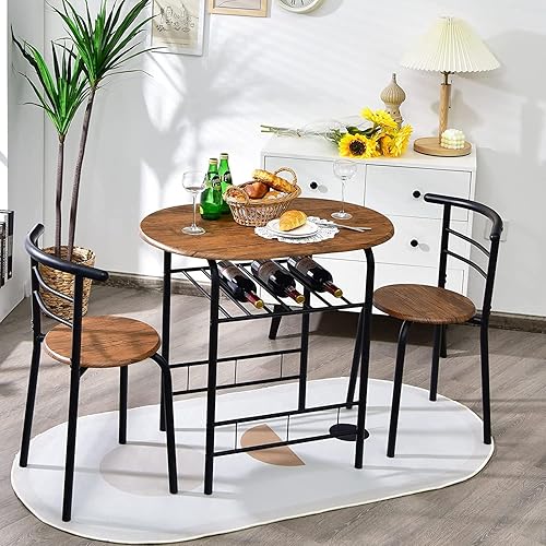 FANTASK Juego de mesa de comedor de 3 piezas, juego de mesa compacta y 2 sillas, con marco de metal y estante de almacenamiento, juego de mesa de