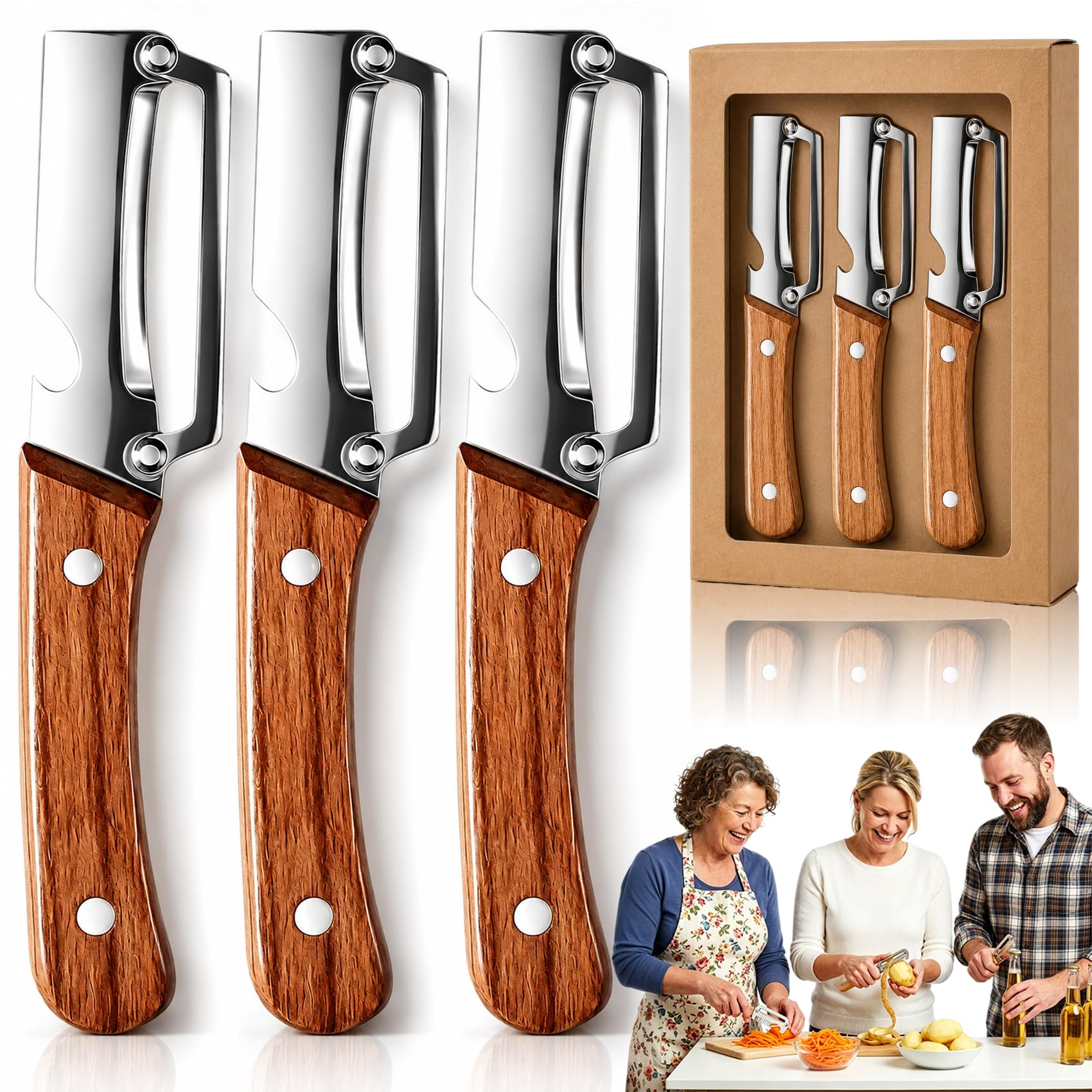 Elite Gourmet Peeler, Elite Gourmet Knives, Vegetable Peeler & Bottle Opener & Julienne Peeler with Ergonomic Non-Slip Wooden Handle for Fruit Pumpkin Peeling Potato Veggie Peeler (3 Pcs C)