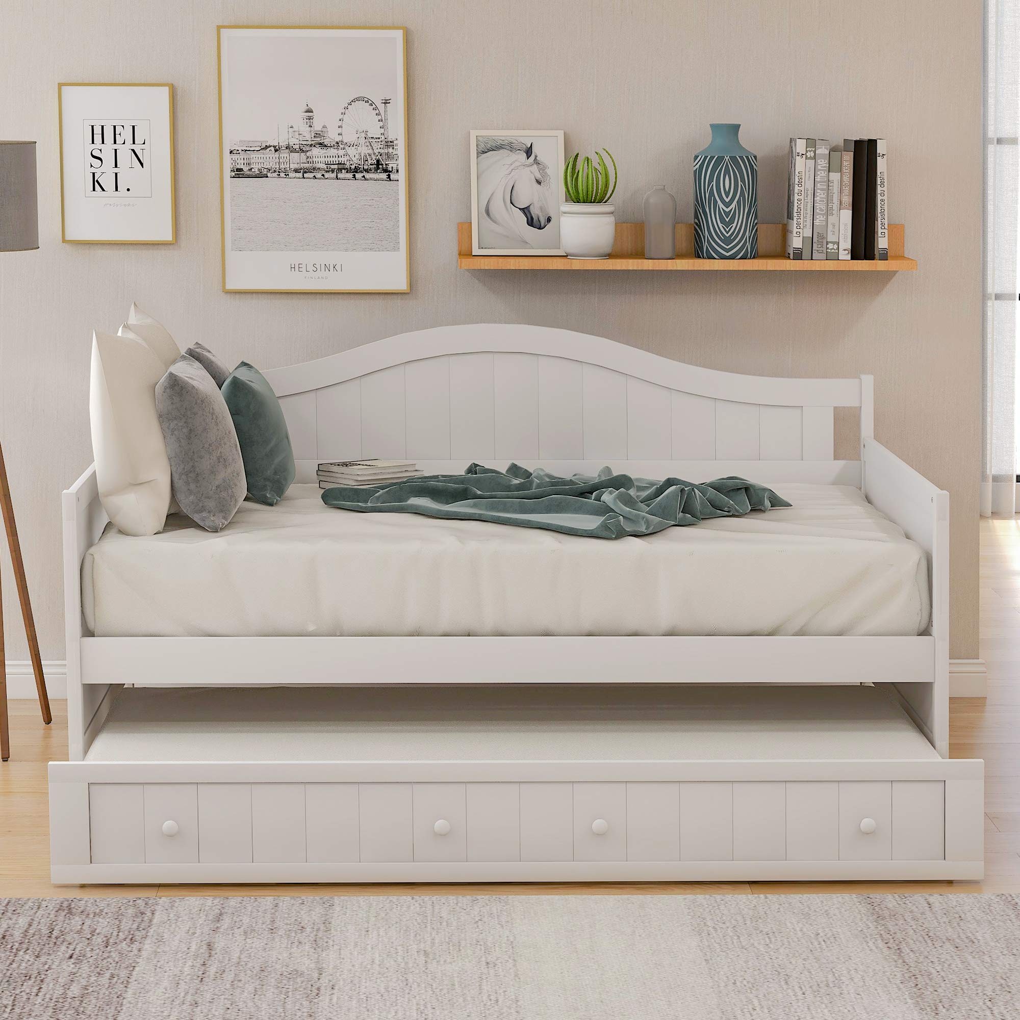 Knocbel Solid Pinewood Daybed Sofa Couch Bed Frame 275 Lbs Capacity with 10 Slats Support, Twin (White with Trundle)
