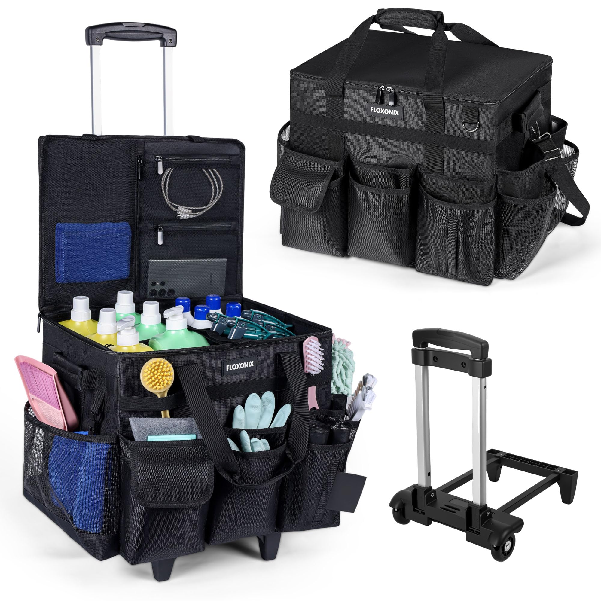 Large Rolling Cleaning Caddy Bag with Wheels, with Detachable Trolley, Cleaning Bags on Wheels for Housekeepers, Cleaning Cart Supplies Organizer for Home, Car, Picnic (Black)