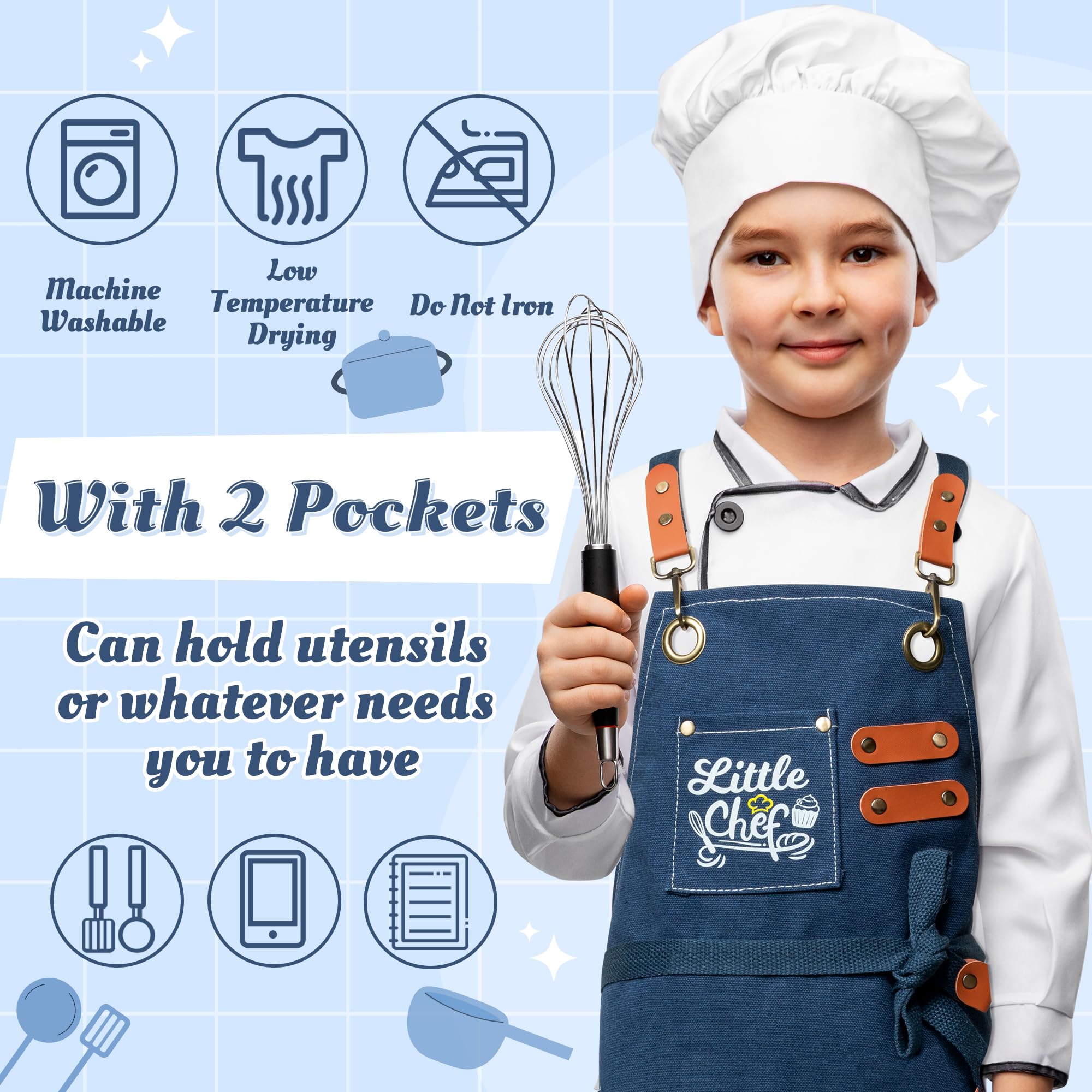 Kid Apron - Adjustable Blue Little Chef Children Kitchen Waterproof Canvas Apron with Pockets Dress up Role Play Chef Toy Funny Cooking Birthday Gift for Boys Girls Cooking Baking Painting Training