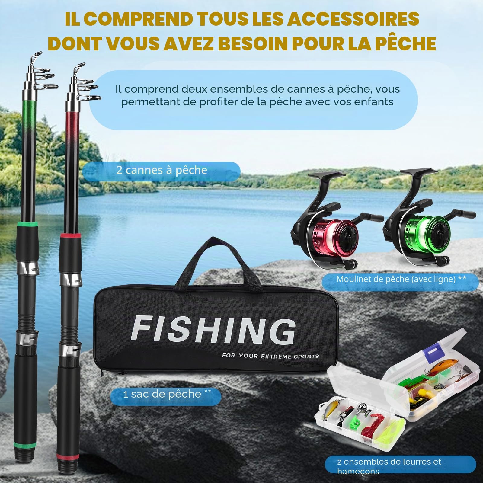 Lot de 2 cannes à pêche télescopiques pour enfants de 3 à 10 ans - Avec moulinet et appât - Kit de démarrage de pêche pour enfants - En fibre de carbone - Kit complet