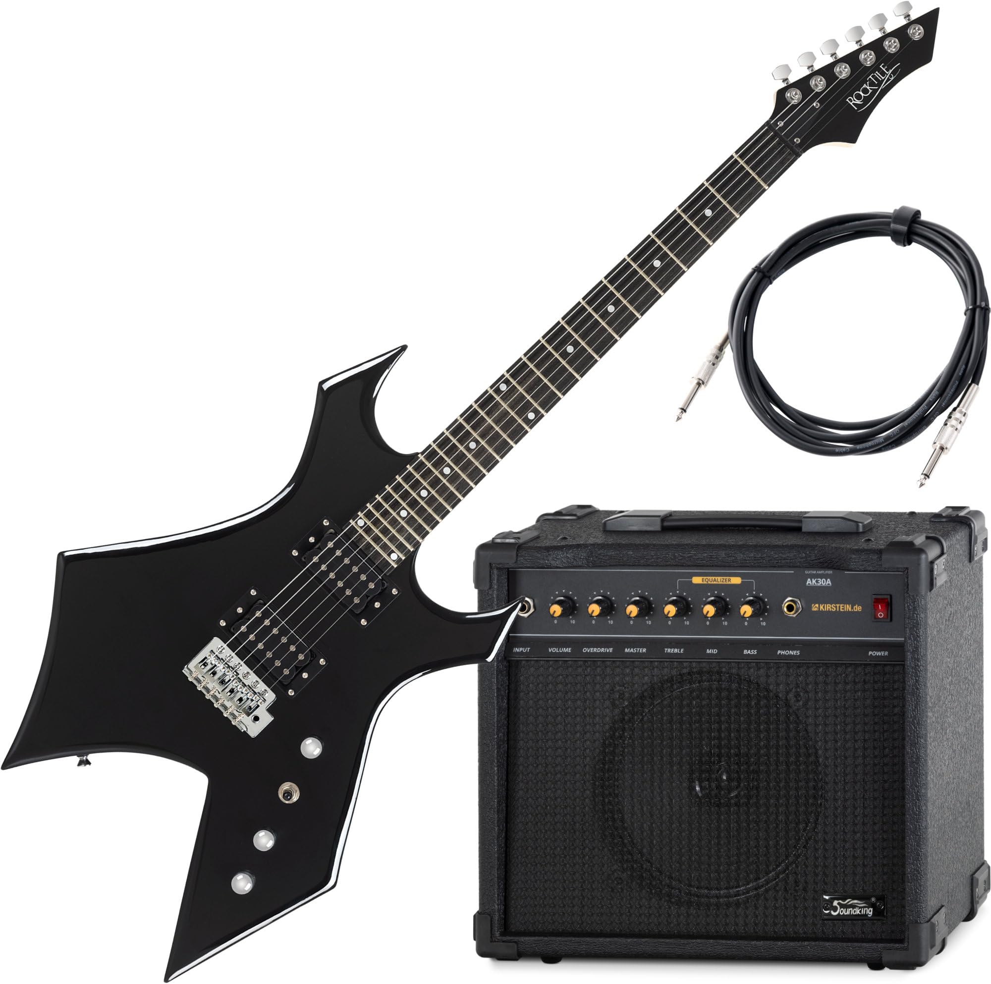 Rocktile Warhead E-Gitarre Set AK30A - Korpus aus Linde, Griffbrett aus selektiertem Hartholz - Set inkl. 75W Combo-Verstärker & Instrumentenkabel 3m – Ideal für Rock, Metal & mehr – Schwarz | Serie: Rocktile Heavy, 05 kg, Anzahl der Saiten: 6, Ausrichtun
