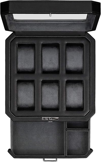 ROTHWELL 6 Slot Leather Watch Box with Valet Drawer - Luxury Watch Case Display Organizer, Men's Storage Boxes Holder Large Glass Top (Black / Grey)