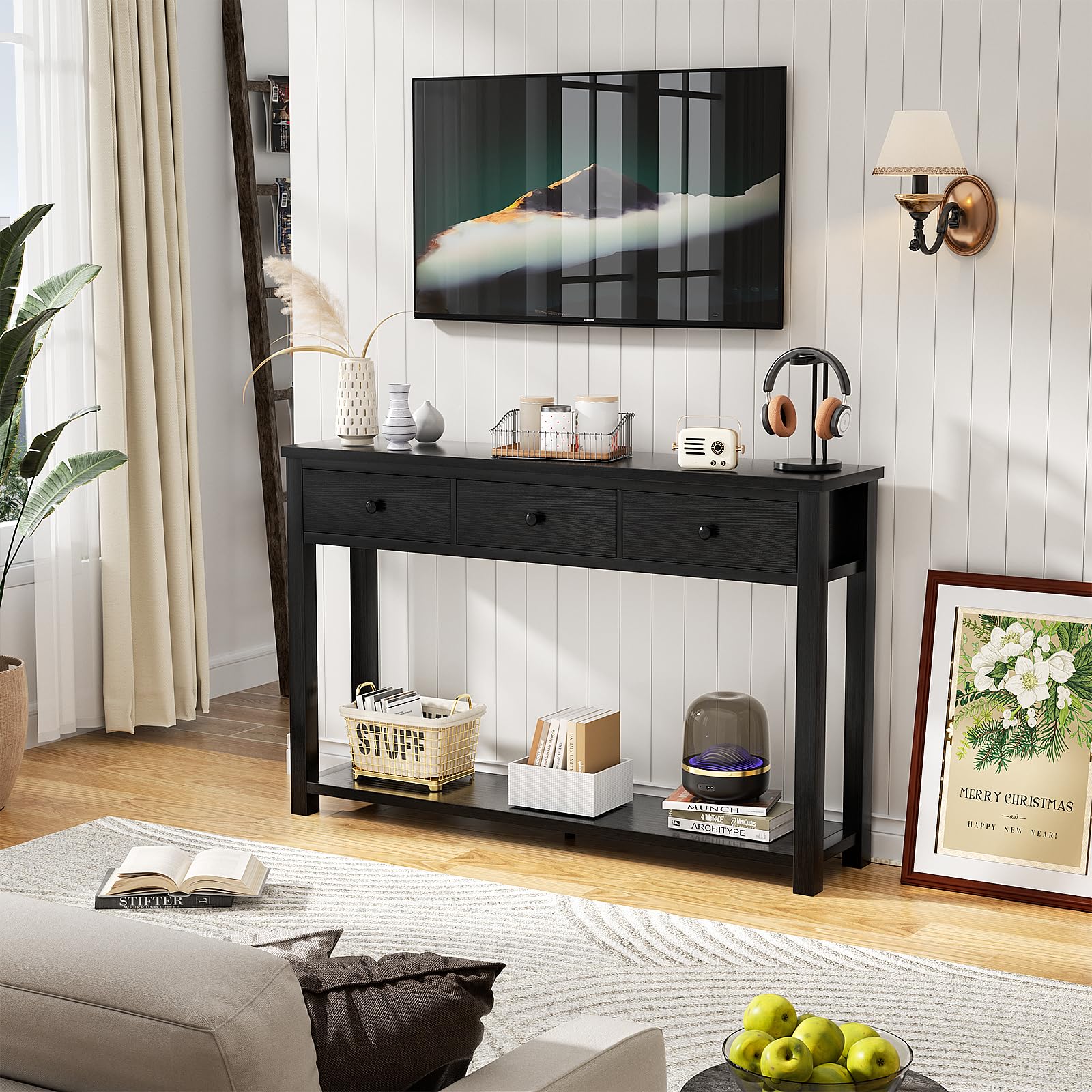 iSunirm Table console avec 3 tiroirs, 120 cm de largeur, en bois, avec compartiment de rangement pour salon, derrière le canapé, table de couloir pour couloir, salon ou entrée, noir
