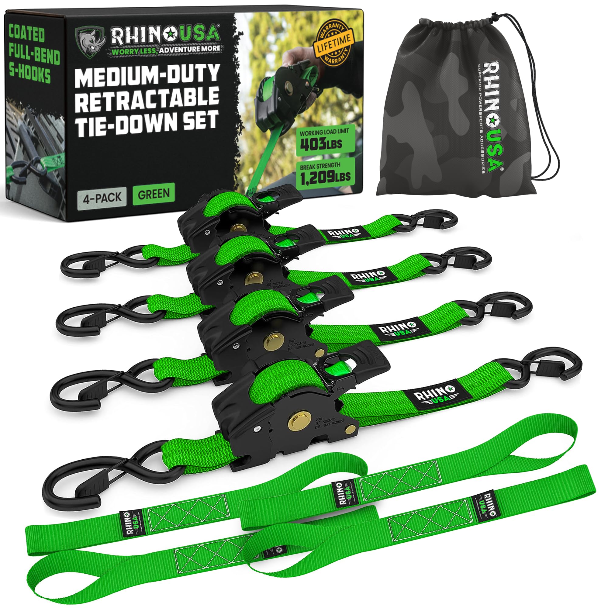 Rhino USA Retractable Ratchet Tie Down Straps (4PK) - 540kg Guaranteed Max Break Strength, Includes (4) Ultimate 2.5 cm x 3 m Autoretract Tie Downs with Padded Handles - Green