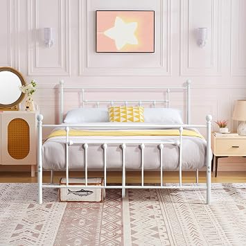 VECELO Full Size Metal Platform Bed Frame with Headboard and Footboard, Heavy Duty Slat Support/No Box Spring Needed Mattress Foundation/Underbed Storage Space, Victorian Style