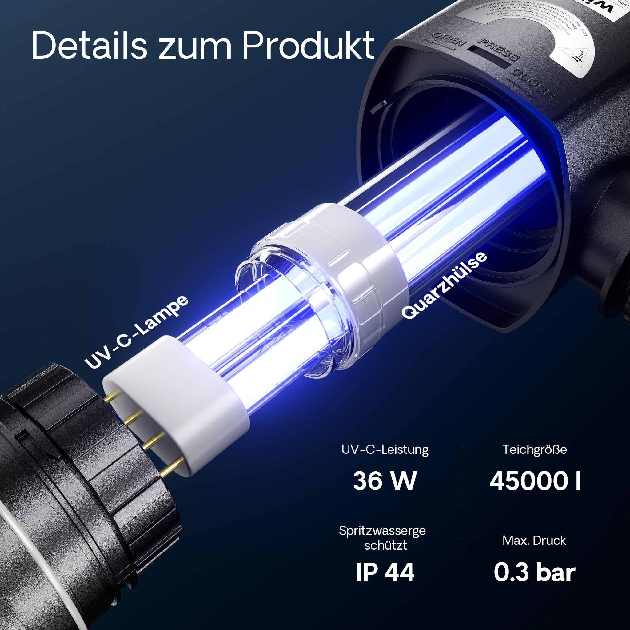 SunSun CUV-236 Teichklärer 6000 l/h / 36 W UVC, Vorklärgerät für Teichfilter & Teichpumpe, Wasserklärer mit UV-Lampe, Lichtfilter zur Algenbekämpfung