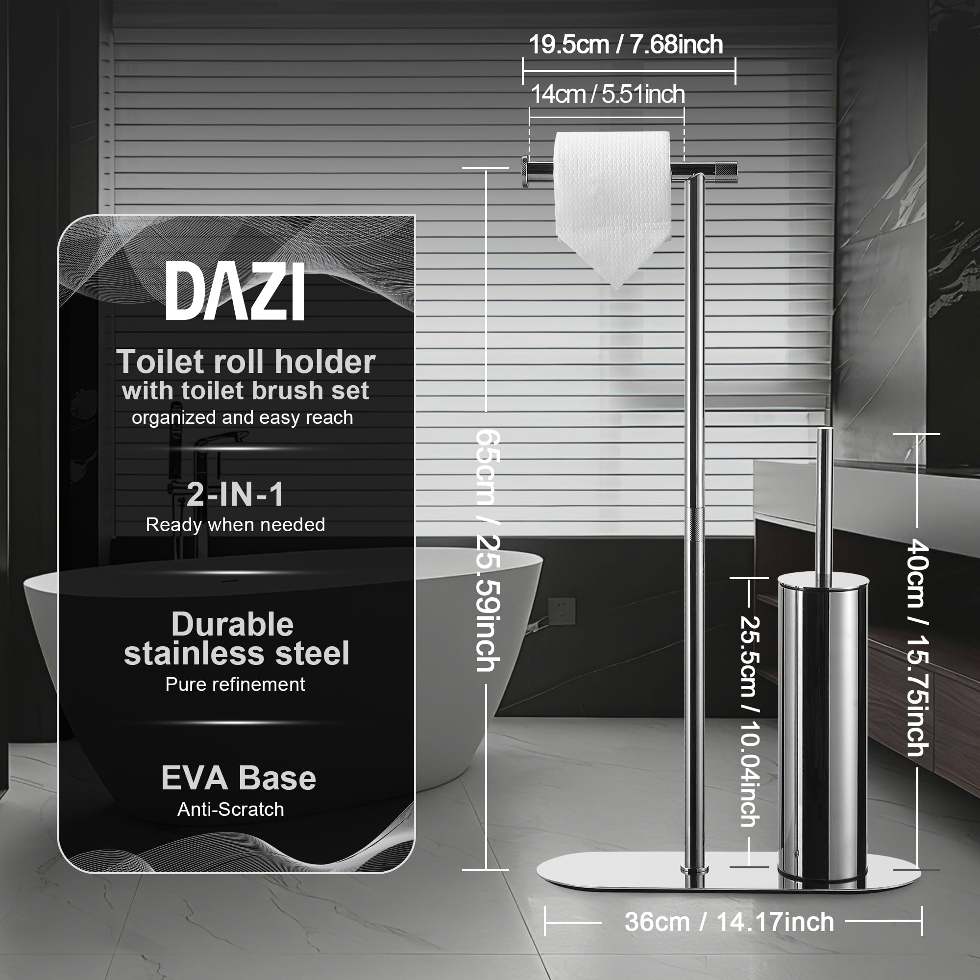 DAZI Portarrollos Papel higienico con escobilla WC Acero Inoxidable – escobillero y portarrollos baño Acabado Cromado, 2 Cabezales Silicona y PP Ideal para baños de Invitados y aseos