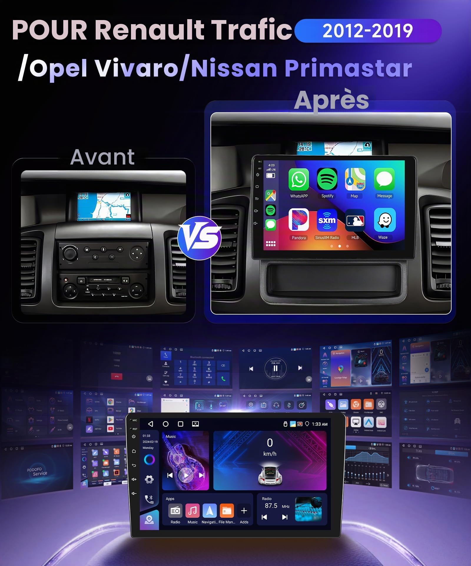 4G/64G VECHTEL 10.1" Autoradio Bluetooth pour Renault Trafic 2010-2014/ Opel Vivaro/Nissan Primastar,Android 15,Carplay Android AUT,DSP,EQ,1280 x 720,WiFi GPS,Mirrorlink,RDS/FM,caméra de recul AHD