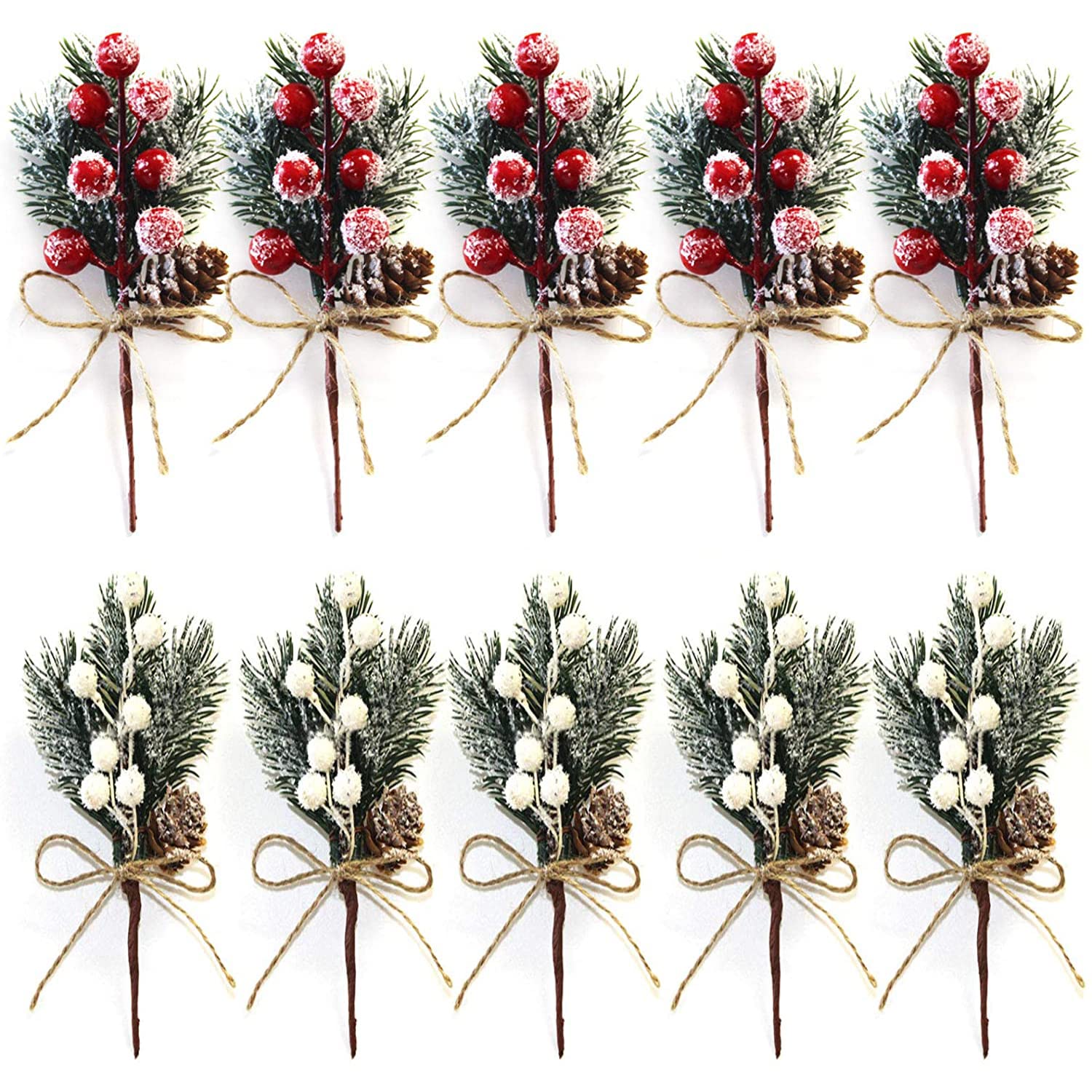 Dwtech 10 Pcs Artificial Pine Picks Christmas Pine Needles With Red Berries And Pine Cones For Christmas Craft, Garden, Wreath, Tree, Flower Arrangement, Christmas Party Decoration Gift