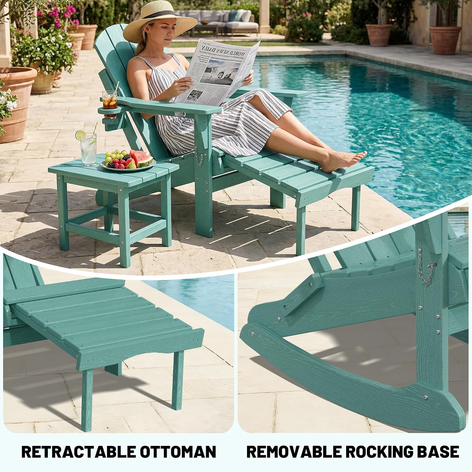 PLUUV Folding Adirondack Rocking Chair with Retractable Ottoman, Aruba | Weather Resistant, Wood-Grain, 2-Sided Cup Holders, 3-Level Adjustable, Removable Rocking Base, for Poolside Patio Balcony image 5