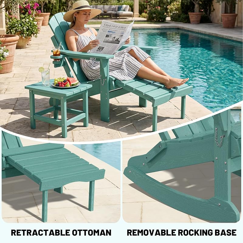 PLUUV Folding Adirondack Rocking Chair with Retractable Ottoman, Aruba image 5