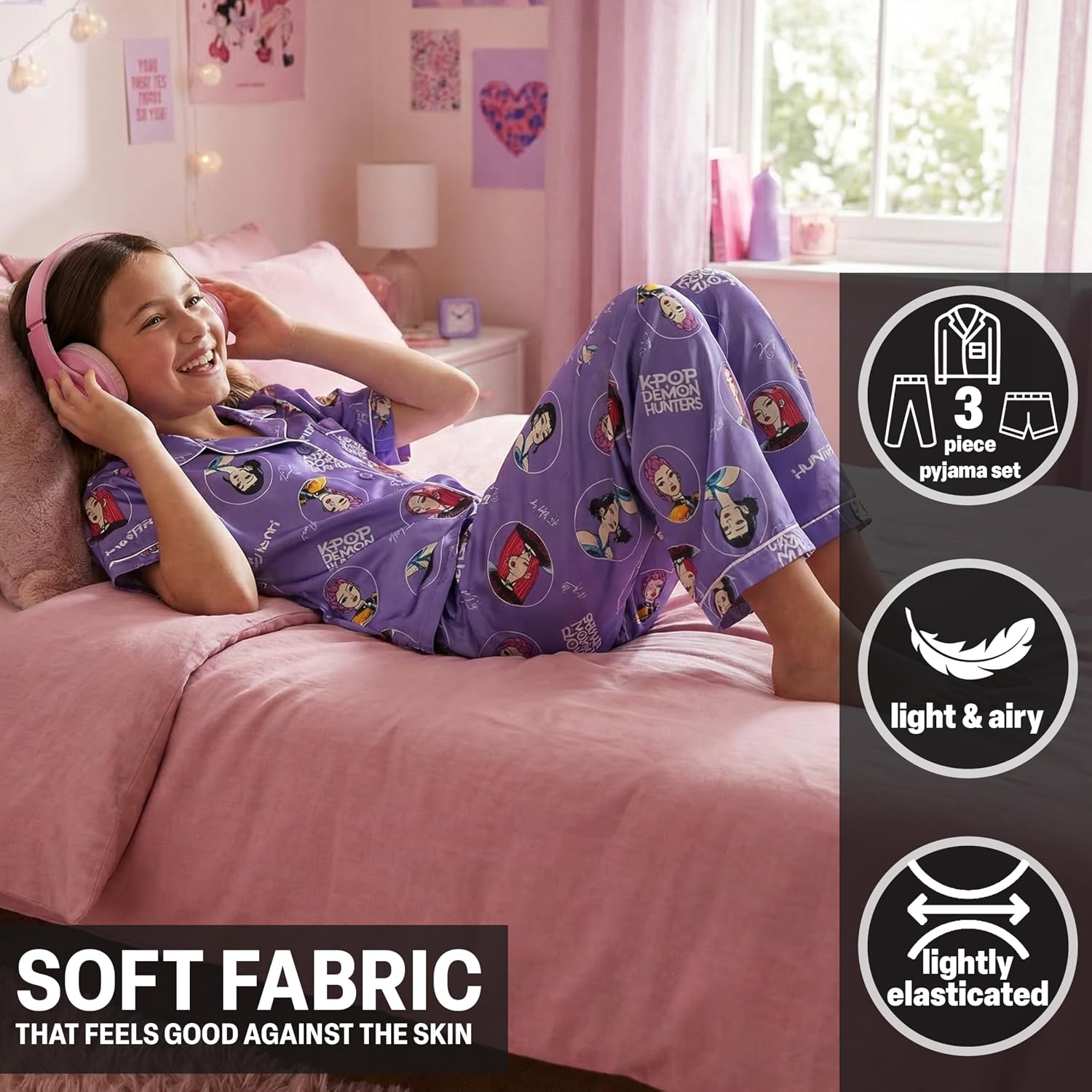 Get Trend KPop Demon Hunters Girls Pajamas Officially Licensed 3-Piece Huntrix PJs Set with Pants & Shorts, Satin Nightwear