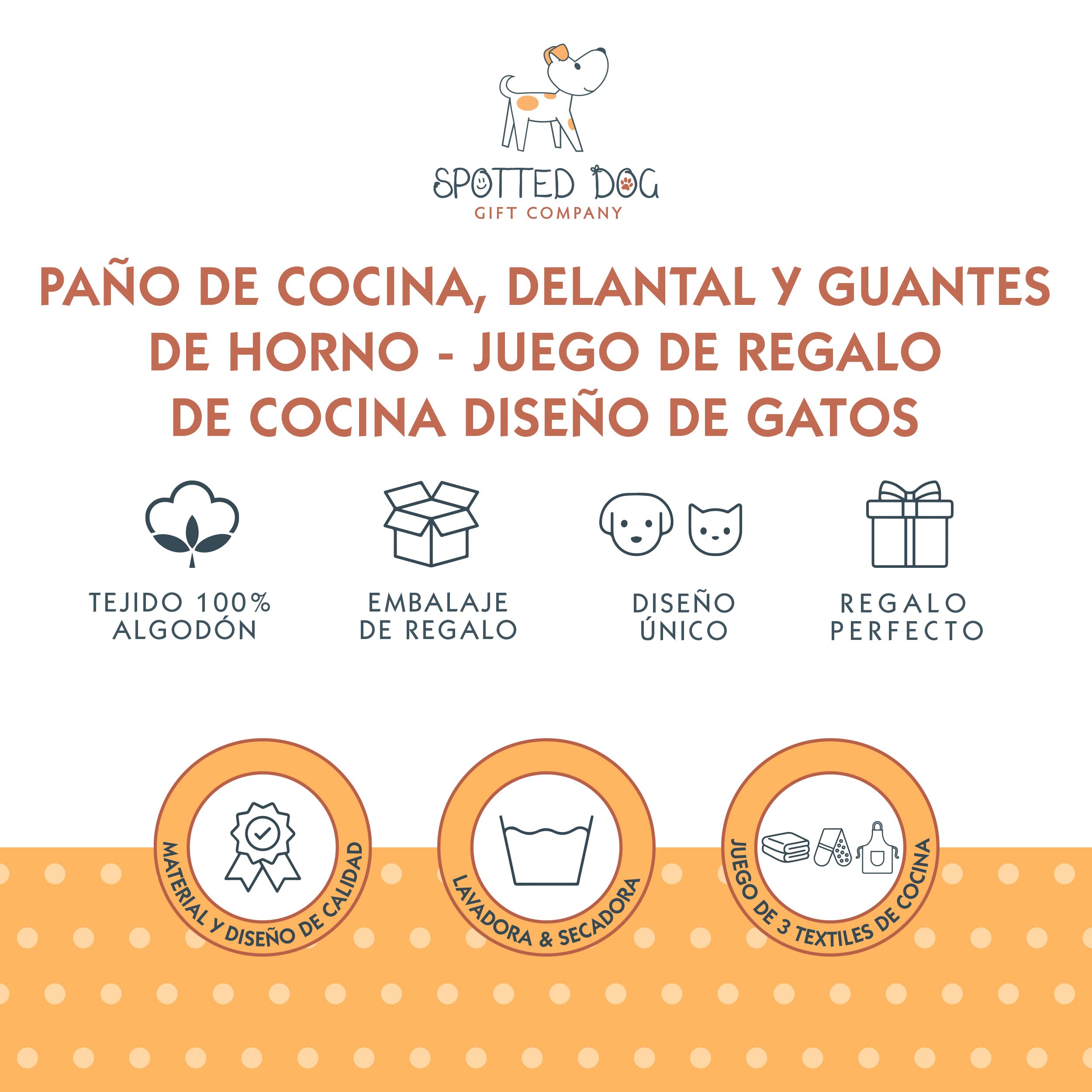 SPOTTED DOG GIFT COMPANY Juego de Regalo de 3 Piezas con Delantal, Paño de Cocina y Guante de Horno Doble, Accesorios Cocina Originales de Gatos Bonitos, Regalos para Amantes de los Gatos