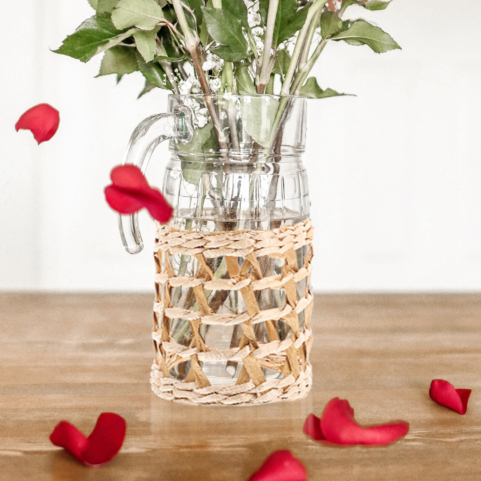 HANABASS 8pcs Woven Rattan Cup Sleeves Hollow Handmade Straw Woven Glass Drink Cup Sleeve for Hot & Cold Beverages, Countryside Style Glass Vase Covers, Home & Office Decor, Table Centerpiece