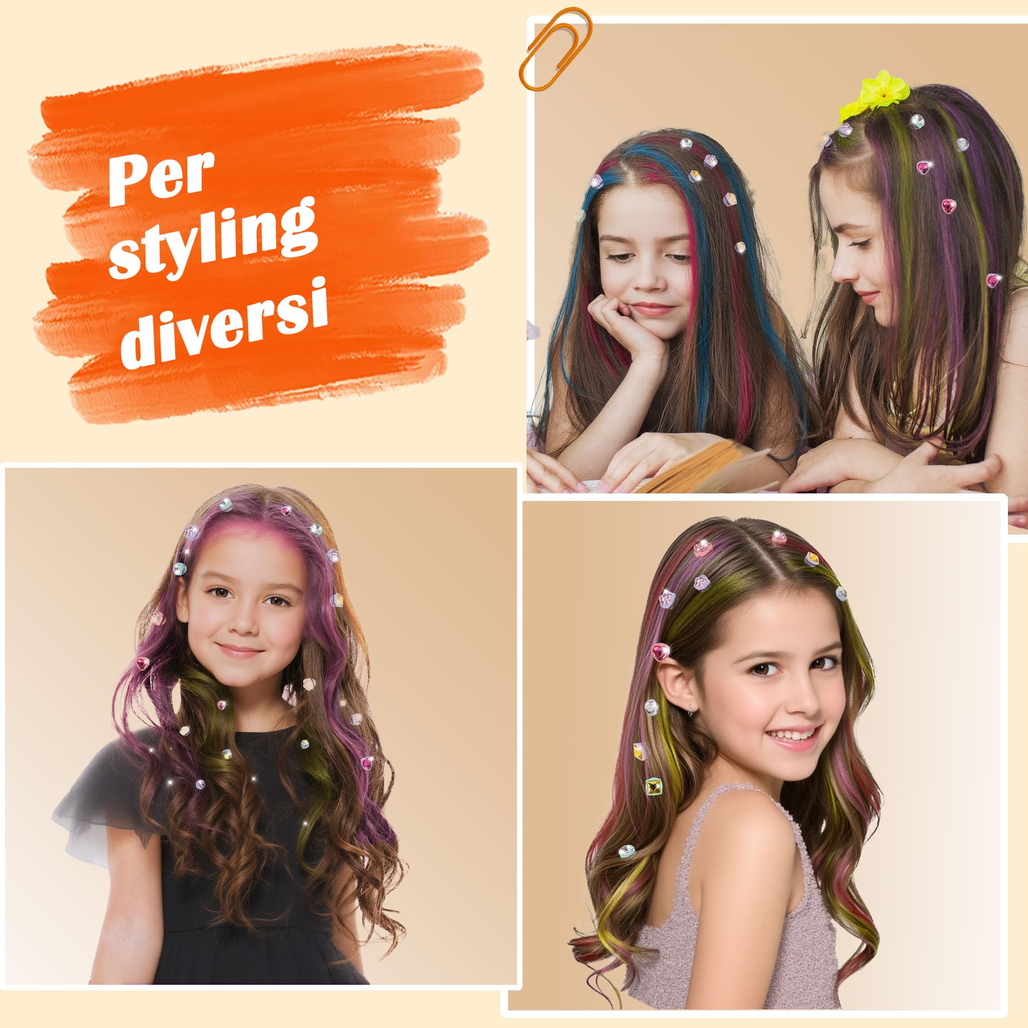 AOSITE Kit Timbri Per Capelli Glitterati Per Bambine – 400 Pezzi, Forme Varie, Elastici, Pettine E Specchio, Riutilizzabile, 6-12 Anni