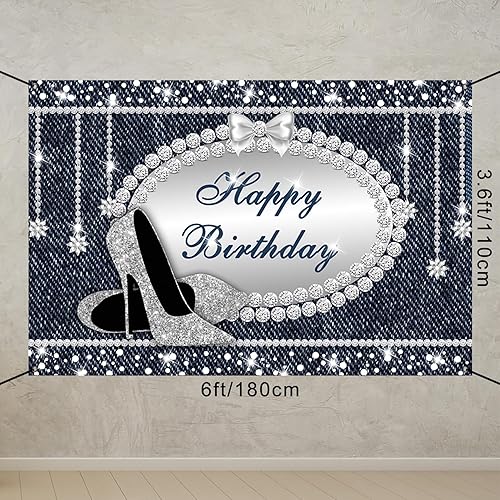 Miniatura 3 de CSFOTO Cartel de feliz cumpleaños de 6 x 3.6 pies con texto en inglés «Happy Birthday» de mezclilla y diamantes para niñas y mujeres, decoraciones