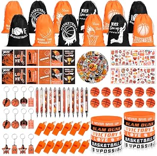 Basketball Party Favors, 146PCS Sports Birthday Party Favors with Drawstring Bags Silicone Bracelets Notebooks Pens and Stickers, Goodie Bags Team Gifts for Basketball Birthday Party Supplies