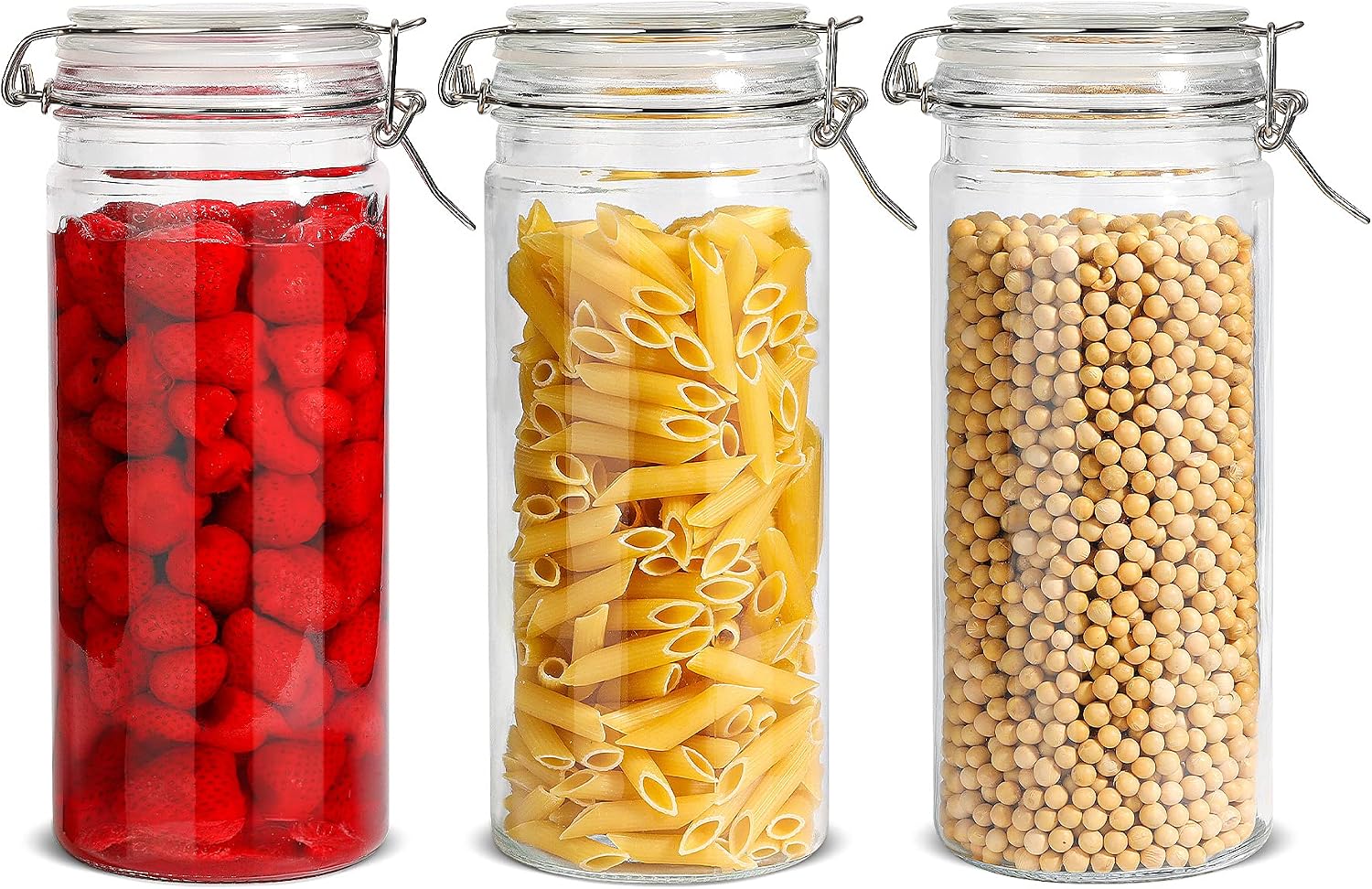 ComSaf Airtight Glass Canister with Lid Set of 3, 50oz Food Storage Jar, Storage Container with Seal Wire Clamp Fastening for Kitchen Fermenting Preserving Canning Pasta Flour Cereal