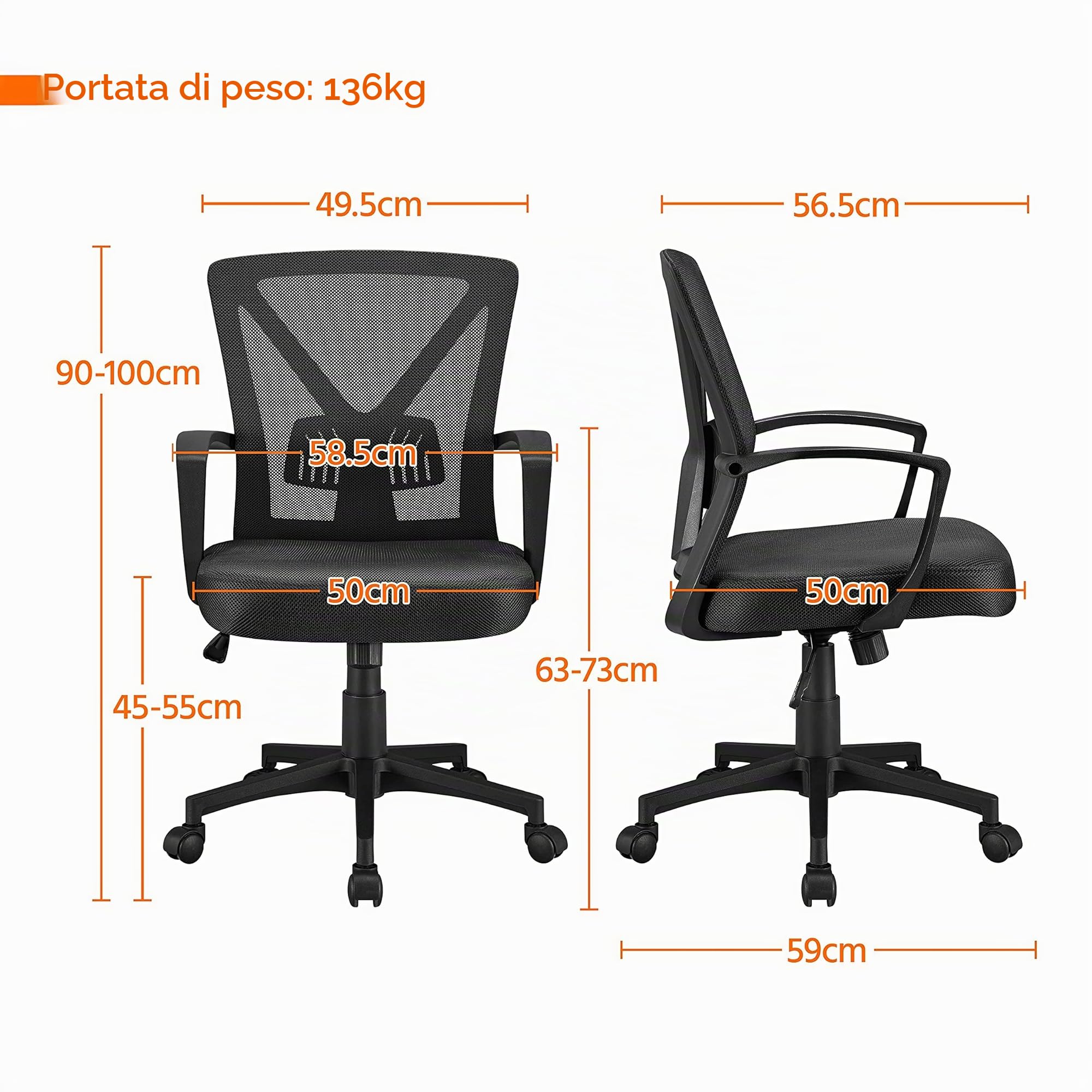 Yaheetech Sedia da Ufficio Scrivania Ergonomica Girevole a Rotelle Supporto Lombare Altezza Regolabile Portata 136 kg Reclinabile con Braccioli Nera | Supporto Lombare, Altezza Regolabile, Portata 136 kg, Rotelle Girevole, Portata 136 kg, per Ufficio Came