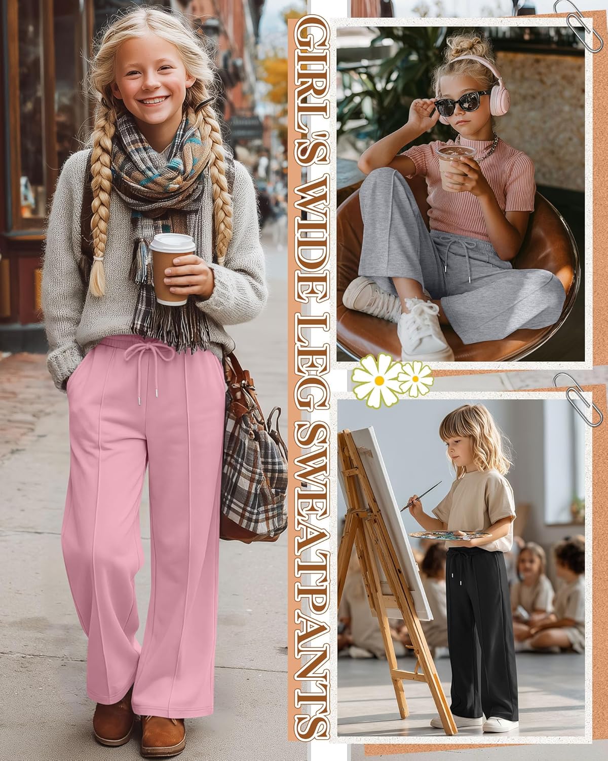 4 Pack Girls Sweatpants Teen Girls Baggy Wide Leg Pants Drawstring Joggers Athletic Trousers with Pockets 5-14Y