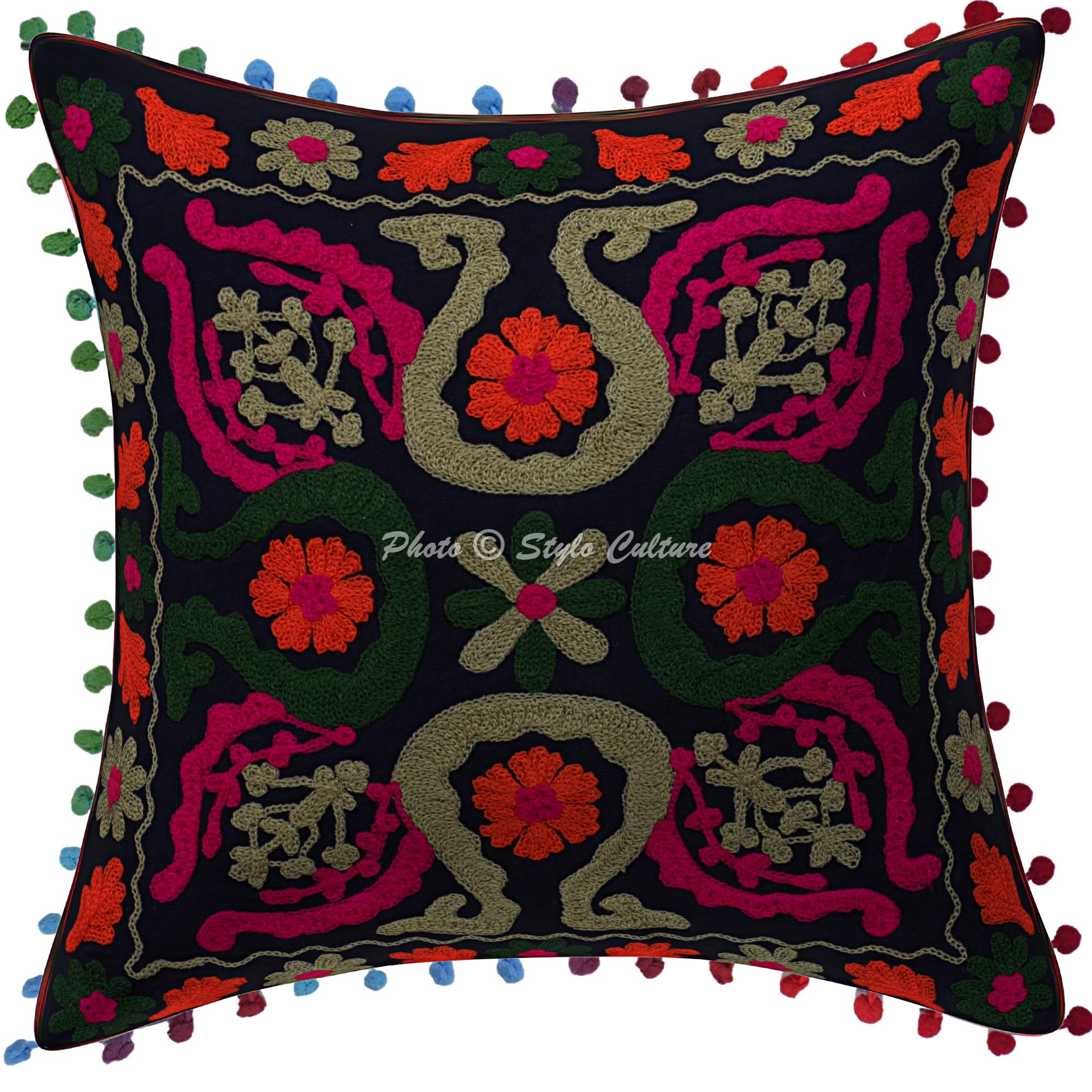 Ethnisch Dekorativ Baumwolle Sofa Kissenbezüge 40x40 cm Schwarz Dekokissen Suzani Bestickte Pom Pom Spitze Wohnzimmer Couch Kissenhullen Blumen Quadrat Kissen Bezüge - 4 STK.