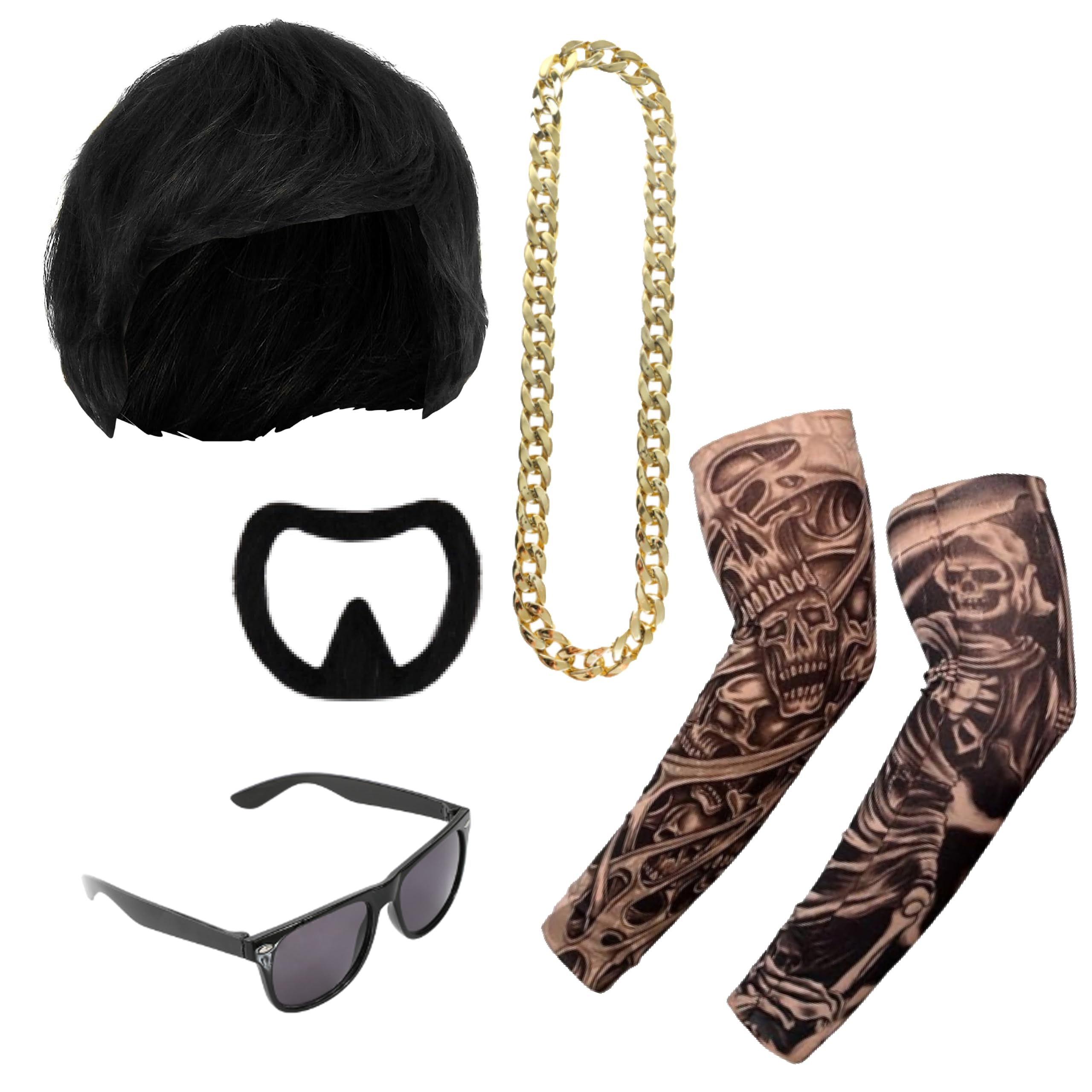 Ibiza Final Boss Costume Accessory Set – Black Bowl Cut Wig, Goatee, Gold Chain, Fake Tattoo Sleeves & Shades – Funny Fancy Dress Costume Kit for Festivals & Parties Trend - One Size Adults