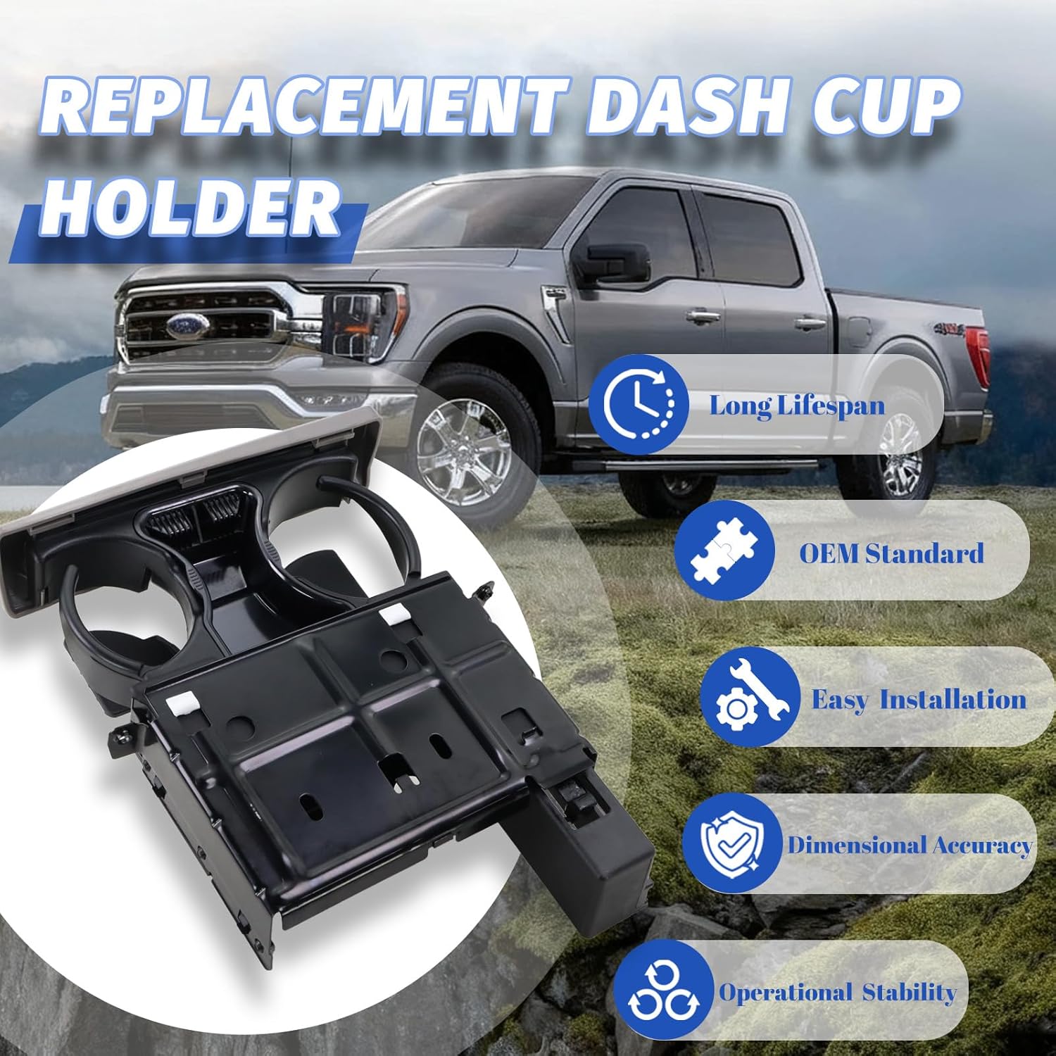 Dash Cup Holder Insert Gray Compatible with 2005 2006 2007 Ford F250 F350 F450 F550 Super Duty, Dashboard Cupholder Replacement 5C3Z-2504810-AAD 5C3Z2504810AAD
